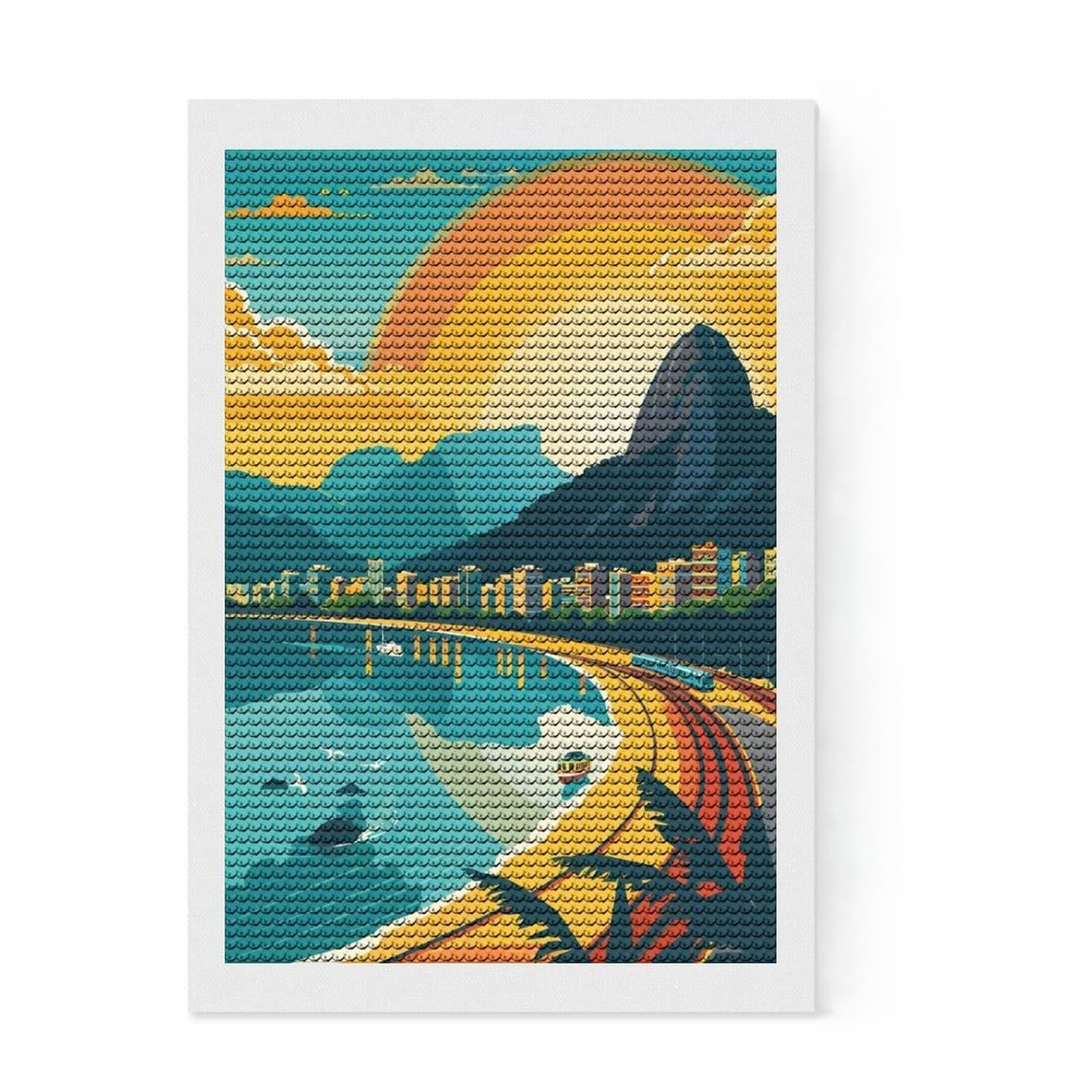 Junmoney Rio De Janeiro Cityscape DIY Diamond Art Canvas Kit 8"x12", Birthday Gift, Vintage Style Decor, for Beginners, Artistic Hobby