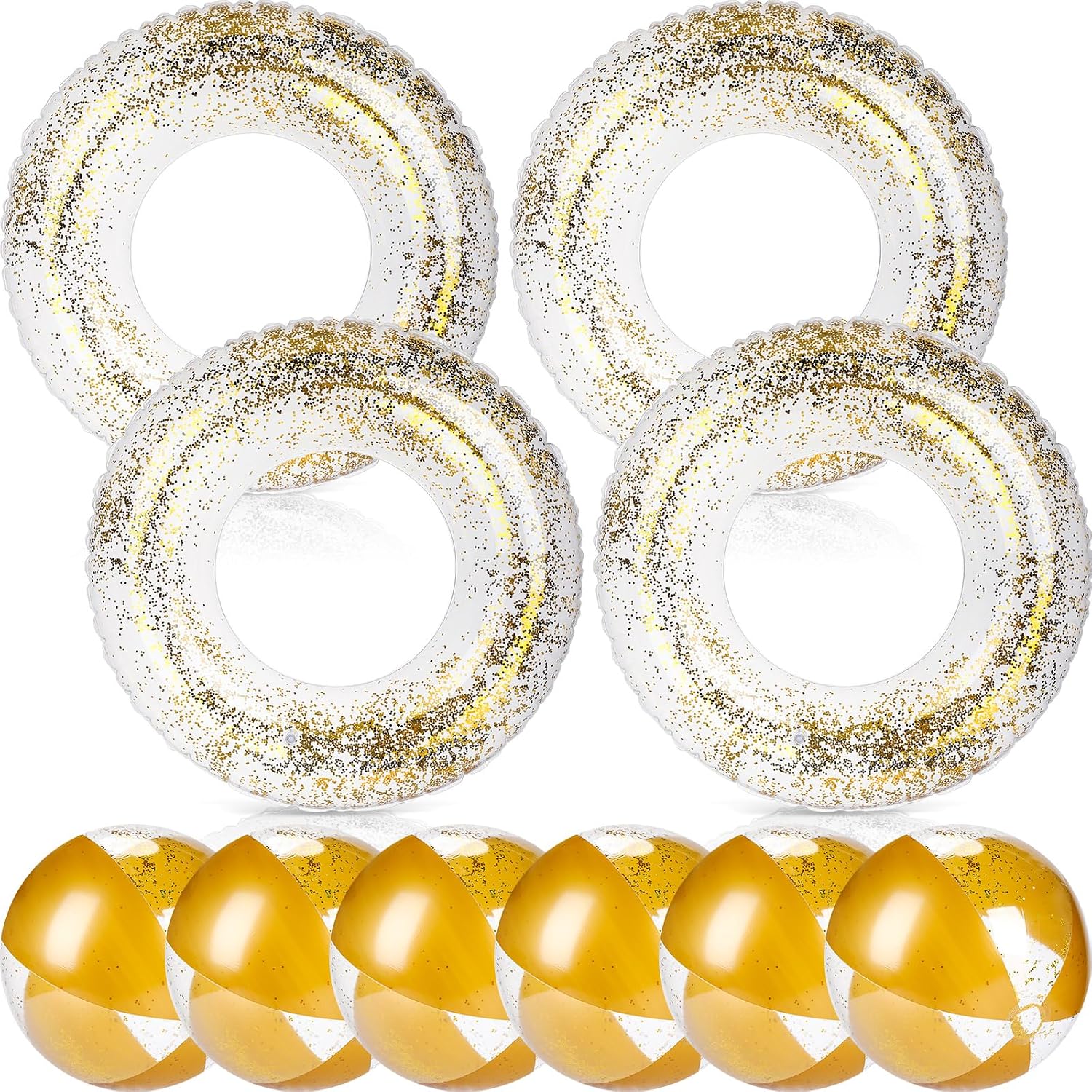 10 Pcs Gold Inflatable Pool Floats Tube Beach Balls Set Glitter Swim Rings Bachelorette Party Pools Floats Confetti Pool Ball for Adult Summer Favors(Air Pump Not Included)