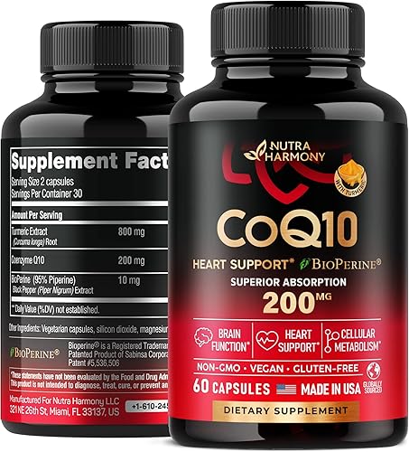 NUTRAHARMONY CoQ10 Cápsulas con BioPerine - Suplementos de coenzima Q10 - Vitaminas fabricadas en Estados Unidos - 200 MG 60 cápsulas - Coq 10 para