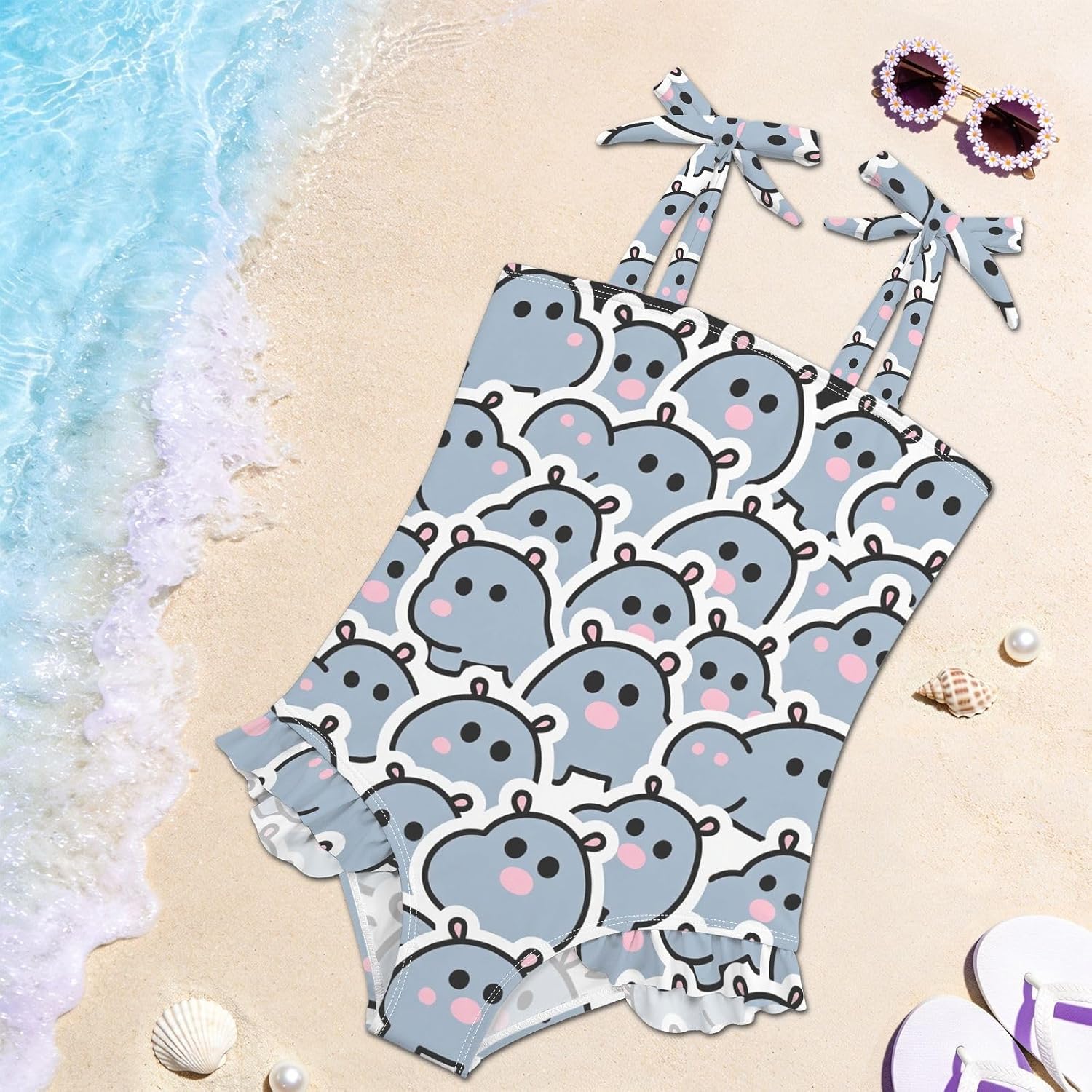 visesunny Toddler Girl Swimsuit Adjustable Strap Swimwear Cute Gray Hippo Design Bathing Suits for Girls 18M-6Y