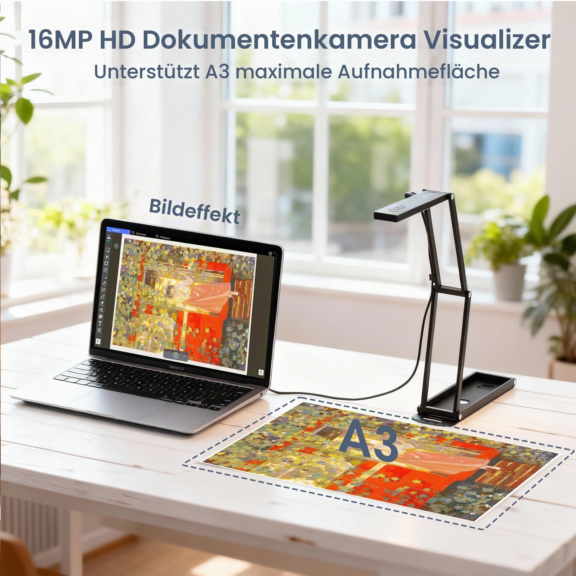 16MP USB Dokumentenkamera Visualizer: A3 Format 3-Stufen-LED OCR Autofokus Faltbar 4K Dokumenten Webcam mit Zoom Google Meet Skype Tragbar für Schule Lehrer Büro Fernunterricht