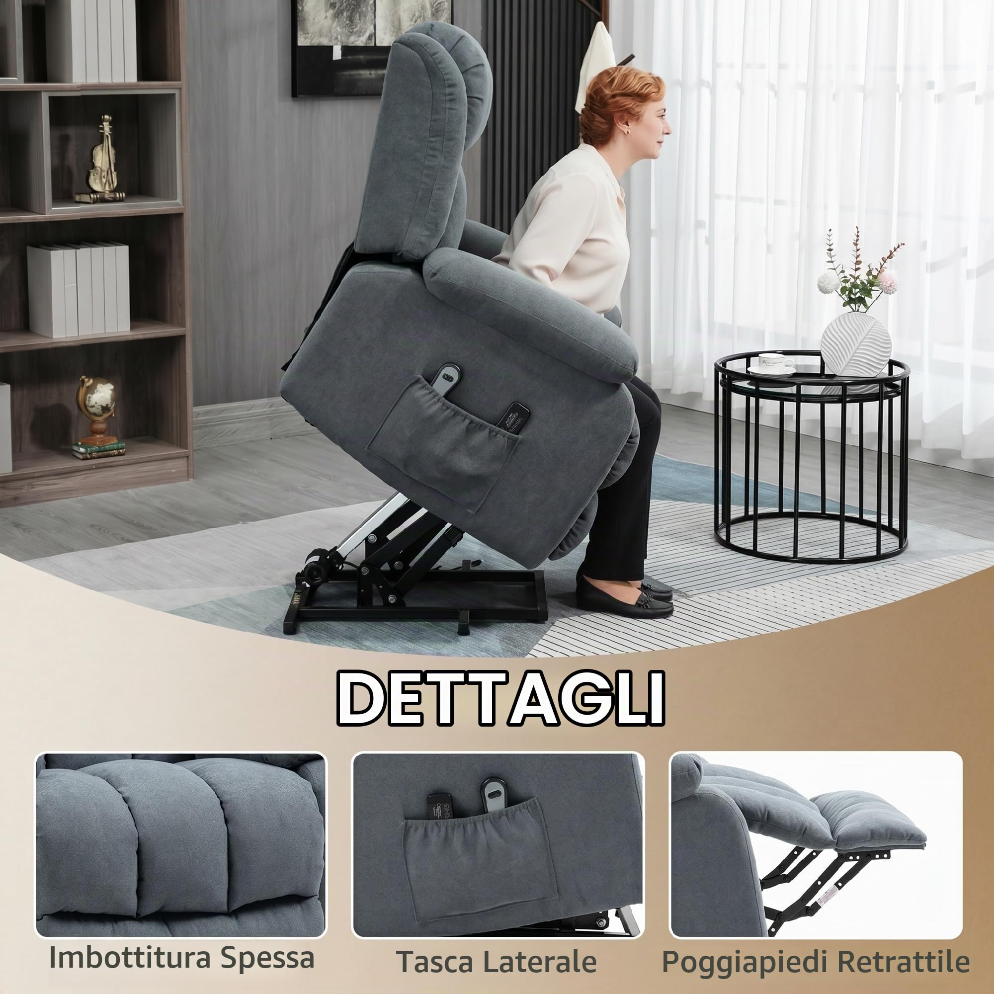 HOMCOM Poltrona Elettrica Alzapersona Reclinabile 135° Seduta Ampia Grigio | , Poltrona Relax in Tessuto Effetto Lino per Anziani, 8 Punti Massaggio Vibrante, Telecomando, Poggiapiedi, Tasche Laterali