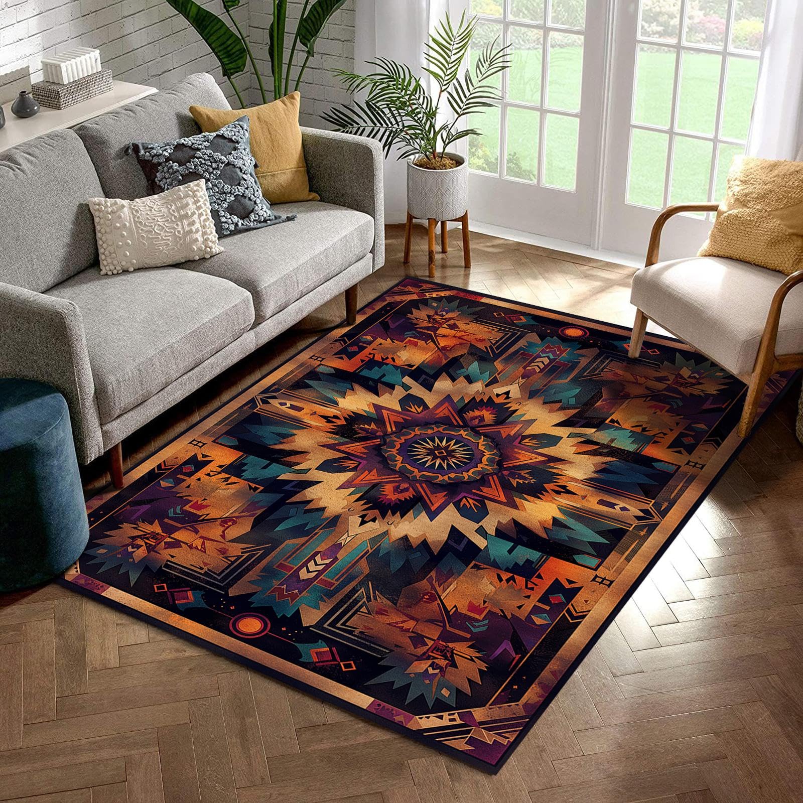 ALIONLUXE Rustic Faux Cowhide Rug 4'x6' – Washable, Non-Slip Western Rug with Geometric Aztec Patterns Inspired by Native American Design for Cozy