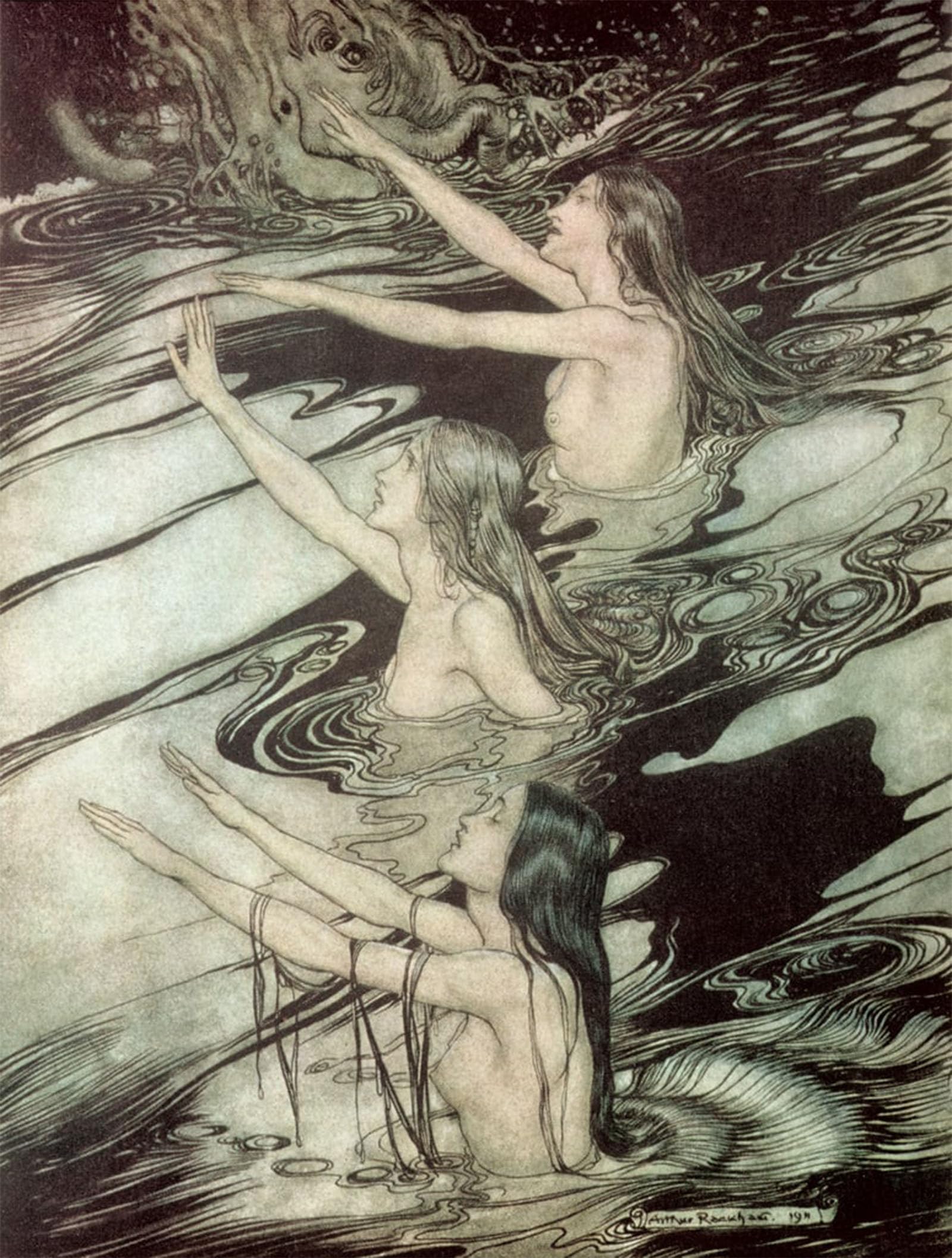 ARTXLXXBN Famous Painting Art Wall Decor Abstract Art Picture the Rhine Maidens by Arthur Rackham Animal Pictures for Home Decor 60x90cm
