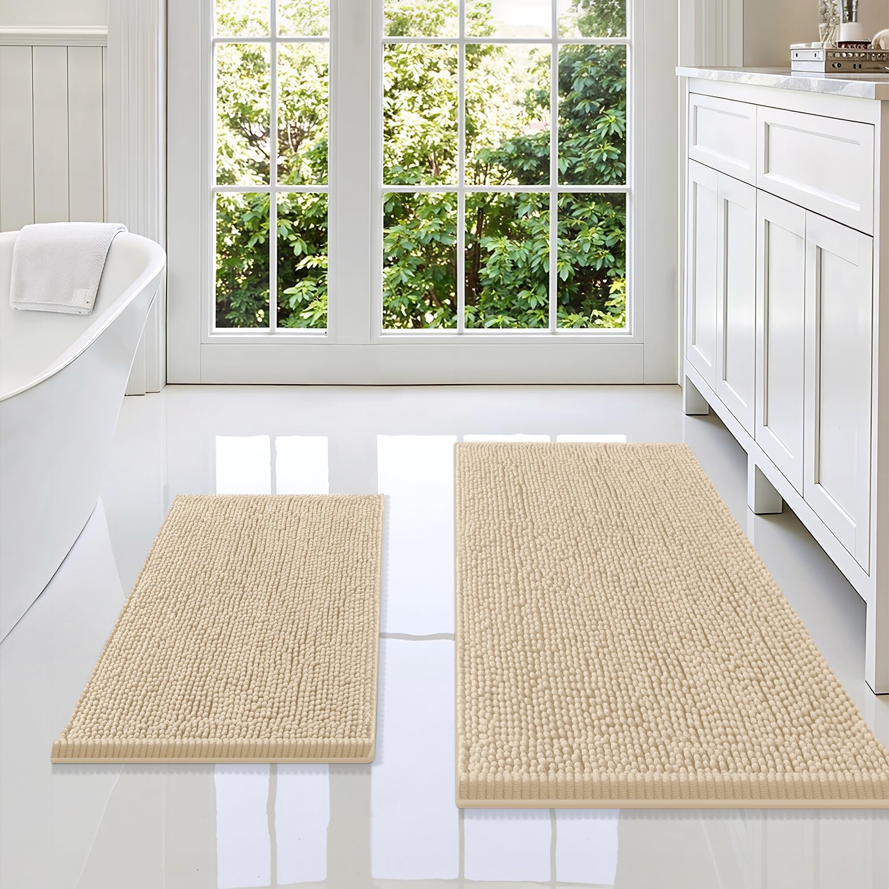 Smiry Chenille Bathroom Rugs Sets 2 Piece (36x24+24x16, Beige)