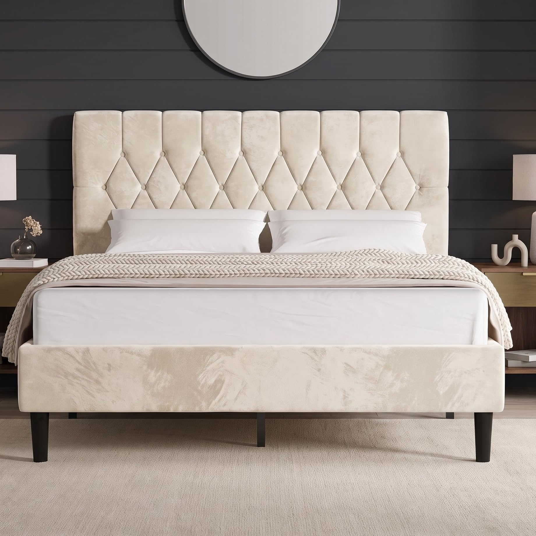 Blisswood King Size Bed Frame, 5ft Luxury Velvet Upholstered Platform Bed with Chesterfield Tufted Adjustable Headboard, Under Bed Storage, Noise-Free Heavy Duty Metal Frame Strong Wooden Slats, Beige