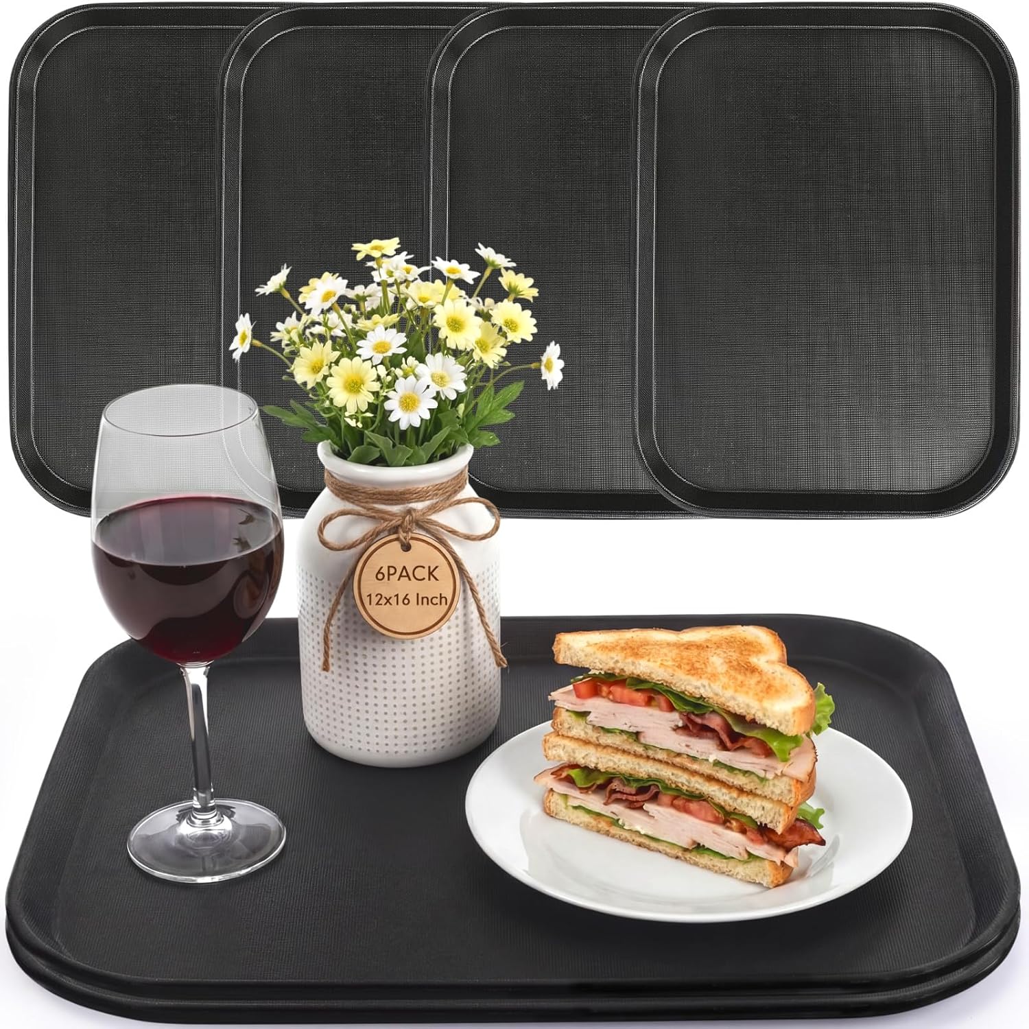 6 Pack 12x16 Inch Large Fast Food Trays Bulk Giant Heavy Duty Reinforced Plastic Serving Trays with Raised Edges Non-Slip Surface Stackable Commercial Grade for Restaurants Bars Cafeterias