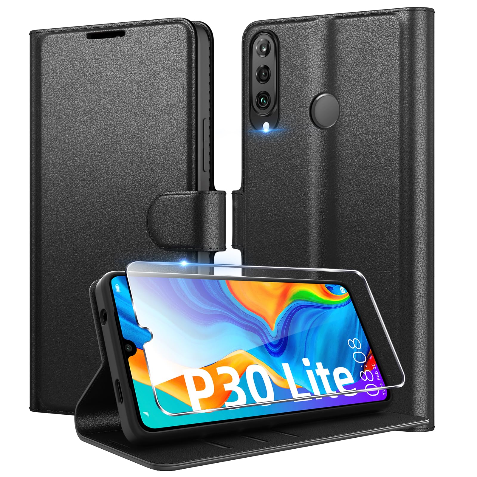Eirltiy Cover per Huawei P30 Lite Portafoglio Pelle PU Premium, Custodia Scomparti Carte Antiurto Protettiva Case con 1 Vetro Temperato, Nero