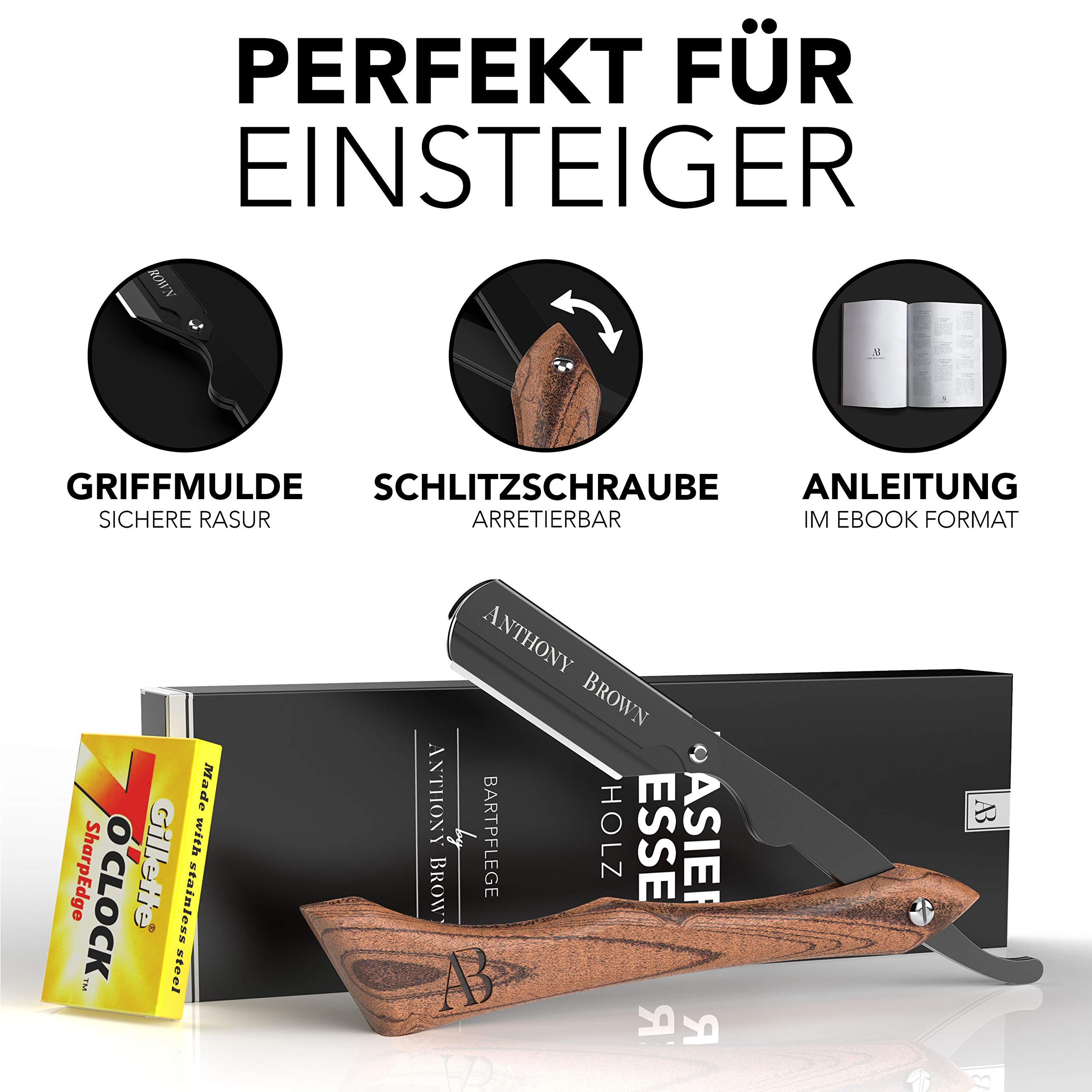 Anthony Brown® Rasiermesser Herren Holzgriff mit Wechselklinge und Etui, Shavette für präzise Nassrasur und Bartkonturen (Schwarz)