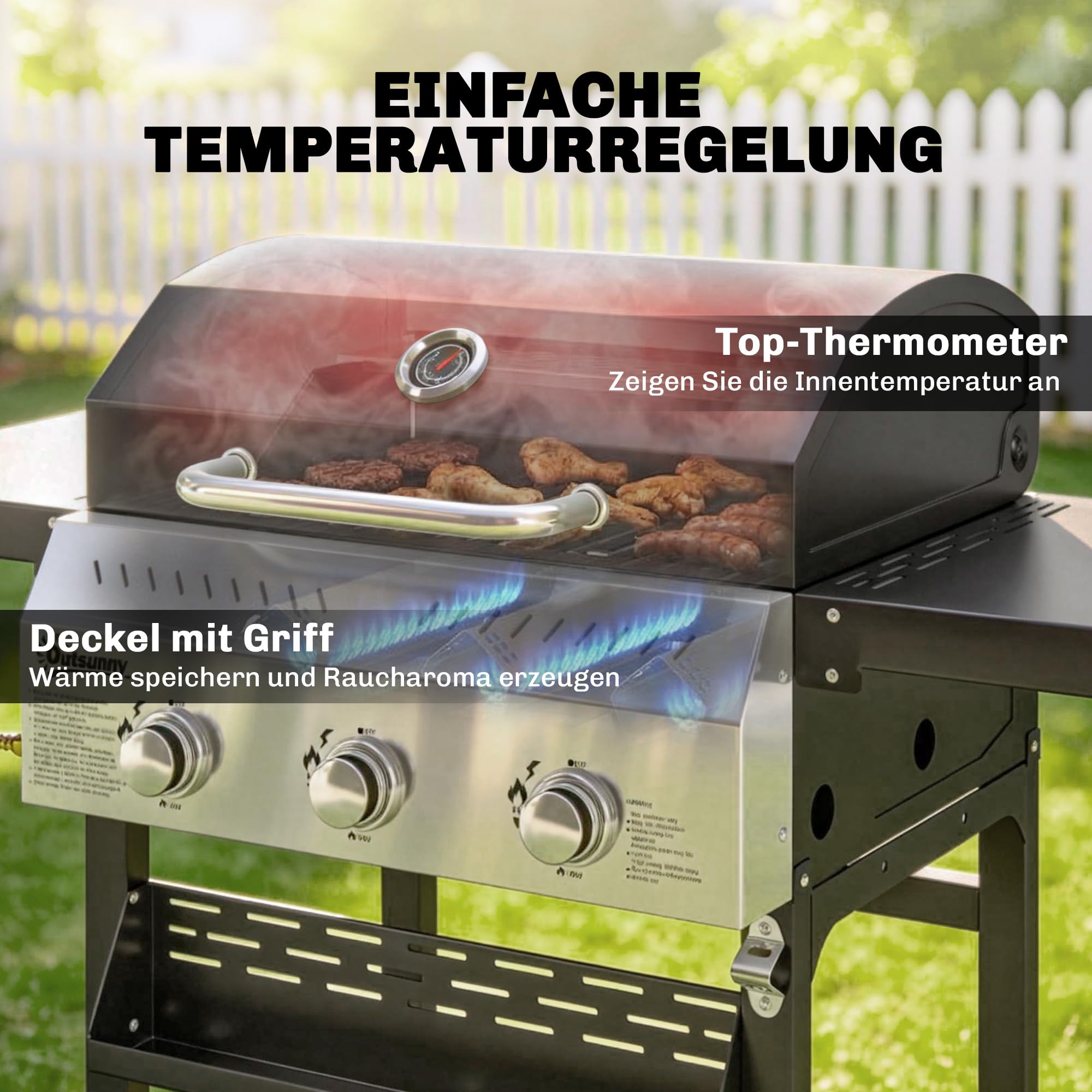 Outsunny Gasgrill 9 KW 3 Brenner BBQ Grillwagen Edelstahl inkl klappbar Seitentisch Gewürzhalter Unterregal 6 Haken Thermometer Emaille-Grillrost Warmhalterost Rolle Gas-Grill für Balkon Party