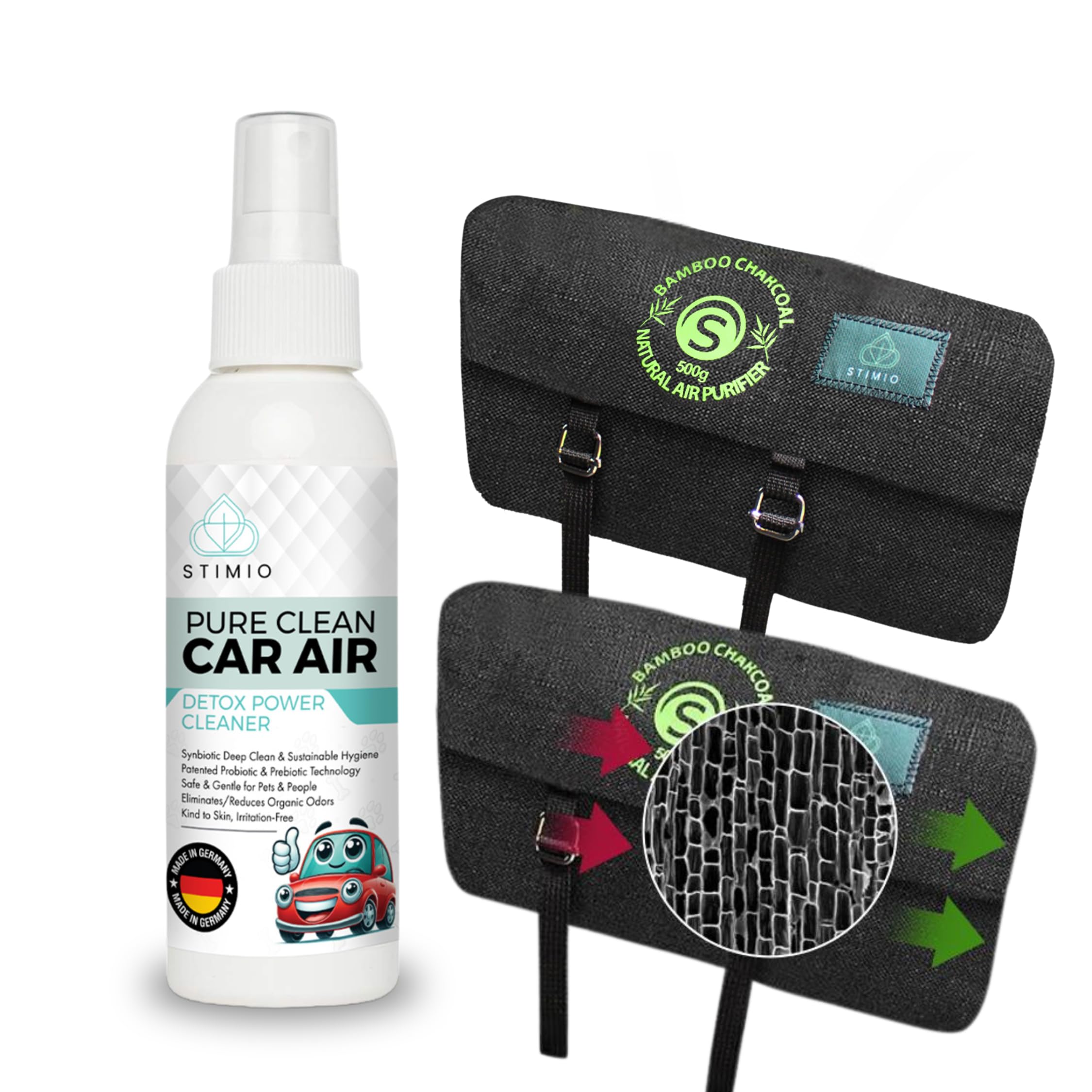Set auto deumidificatore e elimina odori – 2 sacchetti di carbone attivo da 500 g + spray probiotico da 100 ml – Aria pulita. Sedili asciutti. Interni freschi – Senza sostanze chimiche o profumi