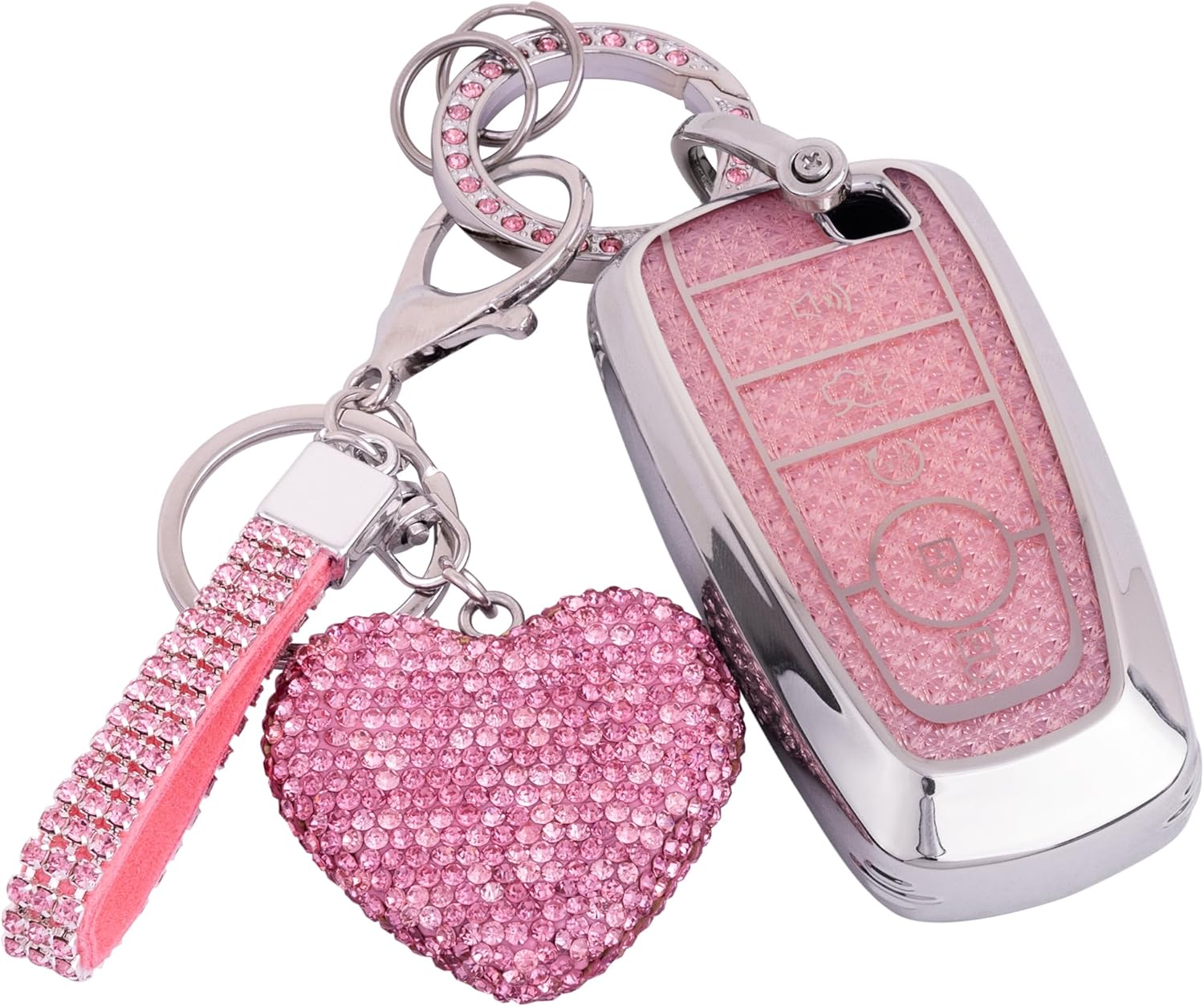for Ford key fob cover with Diamond Bling Keychain, Car Accessories Shell for Explorer Fusion Escape Edge Expedition Bronco F150 F250 F350 F450 F550 Maverick Mustan,Silver Pink