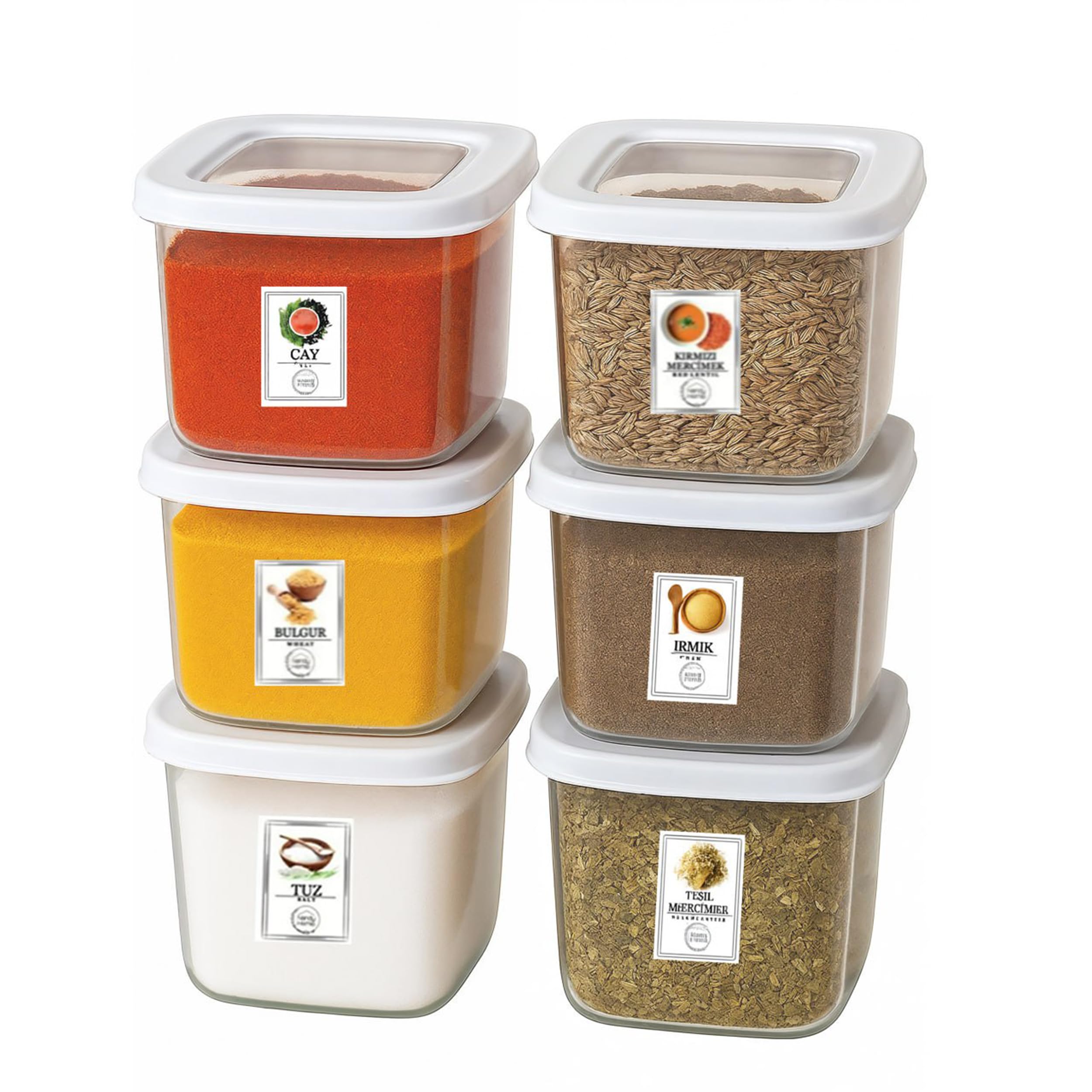 My Happy Home 6 Pcs 500ml Each Square BPA-Free Food Storage Container, Durable Pantry Organiser with 25 Labels Stickers, Stackable, Dishwasher Friendly, White