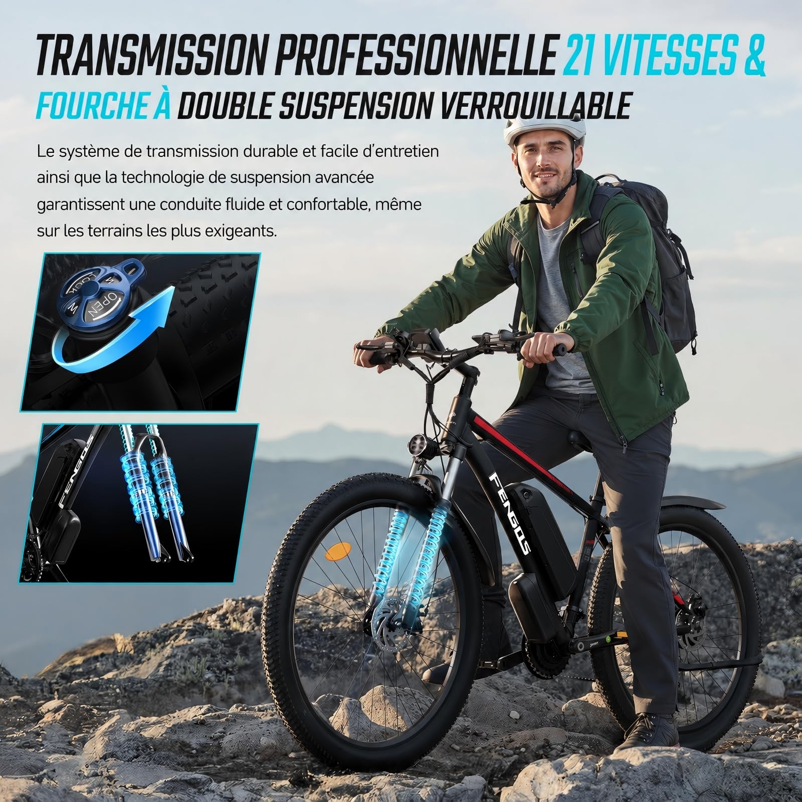 Vélo Électrique 27,5", VTT Électrique Adulte, Moteur 250W, Batterie Amovible 840 Wh, Autonomie Jusqu’à 120 km, 21 Vitesses, Écran LCD, Charge Max 150 kg, Modèle Mixte E-Bike