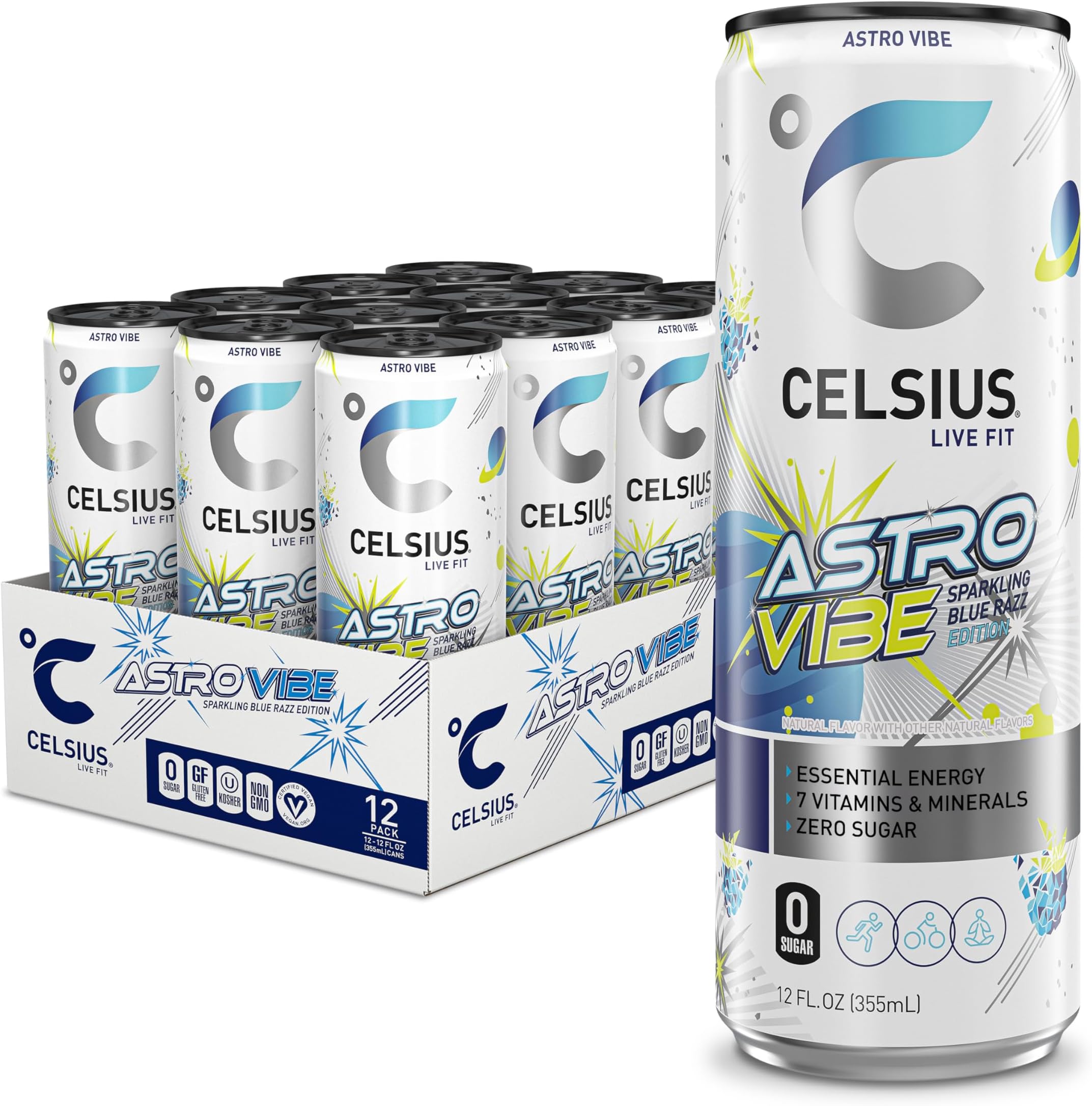 ASTRO VIBE Sparkling Blue Razz, Sugar Free Energy Drink, 12 Fl Oz (Pack of 12)