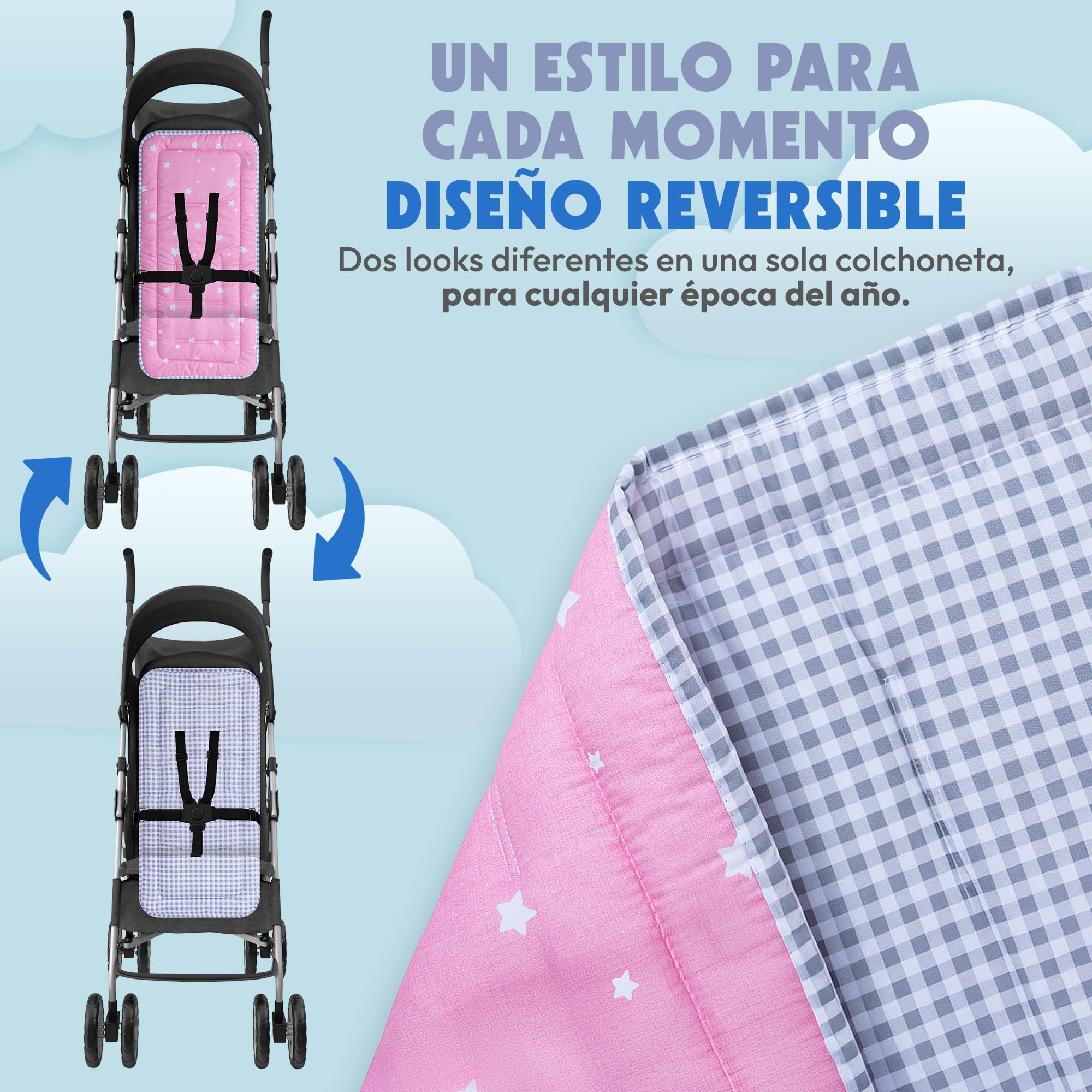 Colchoneta silla paseo universal | Reversible (2 en 1) | Transpirable | Todo el Año | Lavable | Acolchado Mayor Comodidad del Bebé. Compatible mayoría marcas. Fabricado en España (Rosa)