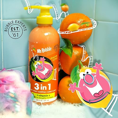 Miniatura 4 de Mr. Bubble Spirited Citrus 3 en 1 Gel de baño, champú y acondicionador más vitamina C fortalece y renueva el cabello y el cuerpo, paquete de 3