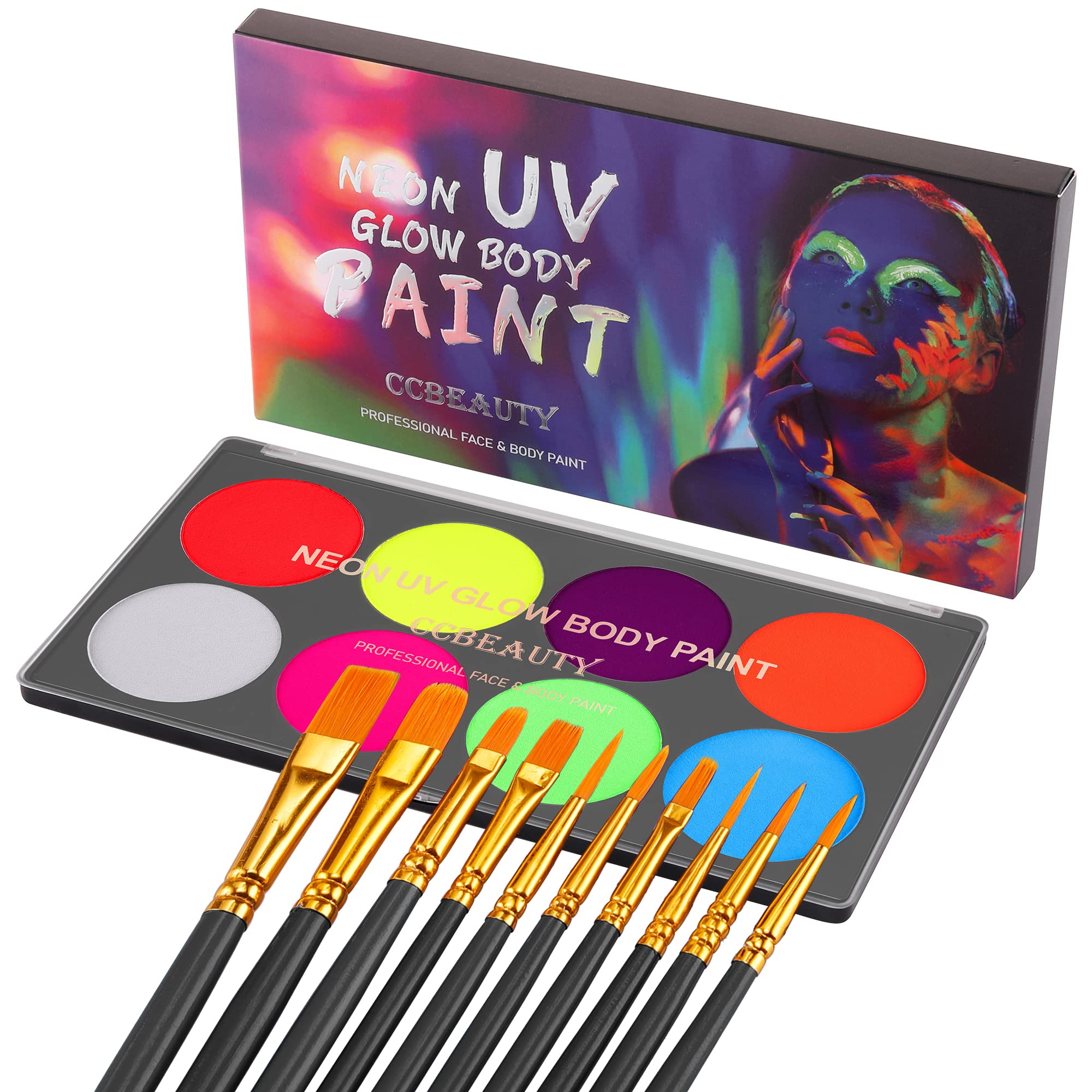 CCbeautyLarge UV Glow Face Body Paint Palette, 8 Neon Glow In BlackLights Painting Kit, Water Activated Eyeliner, Safe Washable for Kids Adult, Halloween Costume Masquerades Club Makeup + 10 Brushes