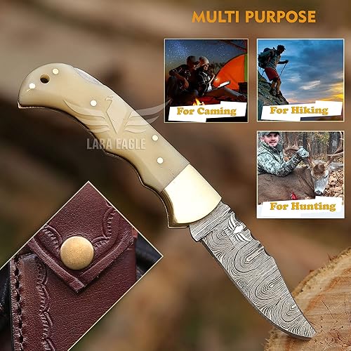 Miniatura 3 de Cuchillo de bolsillo de damasco para hombres - 133 capas de acero sólido hecho a mano, cuchillos plegables de caza con afilador y funda de cuero -