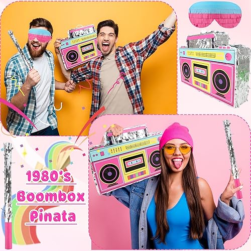 Miniatura 4 de Juego de 4 piezas de radio Boombox de los años 80 y 90, incluye boombox para piñata y palo de murciélago, confeti de color para nostalgia de los