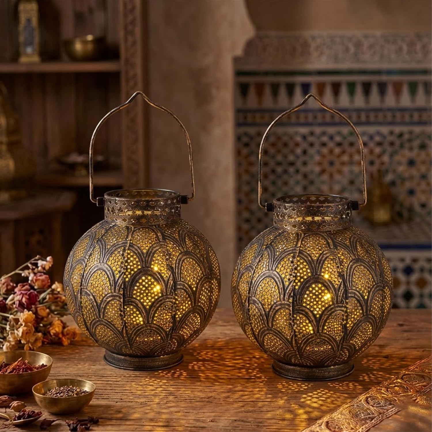 TRIROCKS Set of 2 Moroccan Style Metal Table Lamp 7'' High Battery Powered Cordless Lamp with LED Fairy Lights Bulb Perfect for Home Living Room Parties Tabletop Indoors (Bronze)