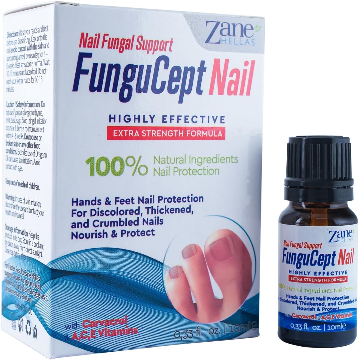 Zane Hellas FunguCept Nail Fungal Support. Natural Nail Protection for Discoloured, Thickened, and Crumbled Nails. Toenail and Fingernail Restorer. 0.33 oz. – 10 ml. with Oil of Oregano.