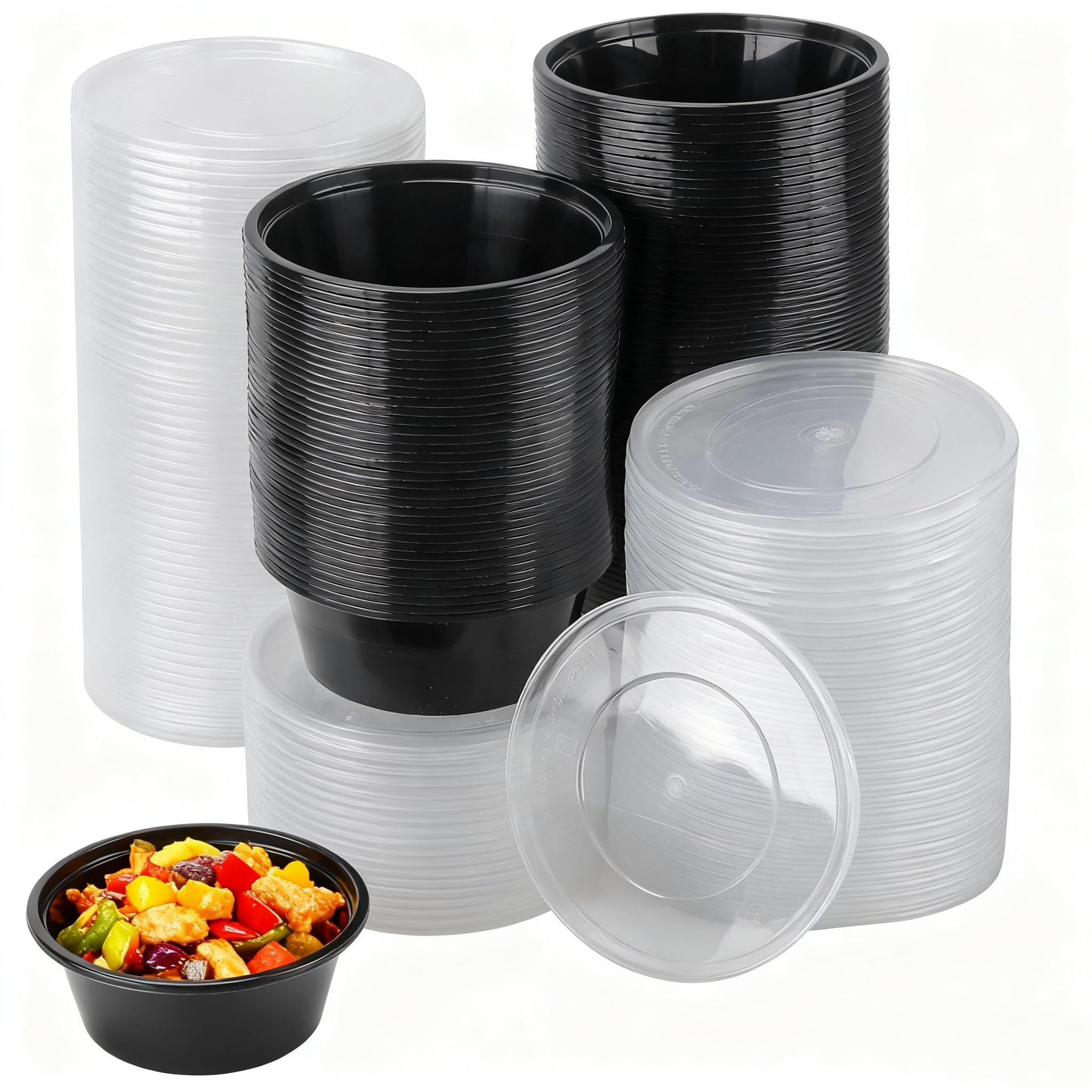 Pingeui Black 100Pcs Round Food Prep Containers With Lids, 300Ml (10Oz) Meal Prep Bowls, Reusable Takeaway Sauce Pots For Meal Plan, Portion Control, Batch Cooking