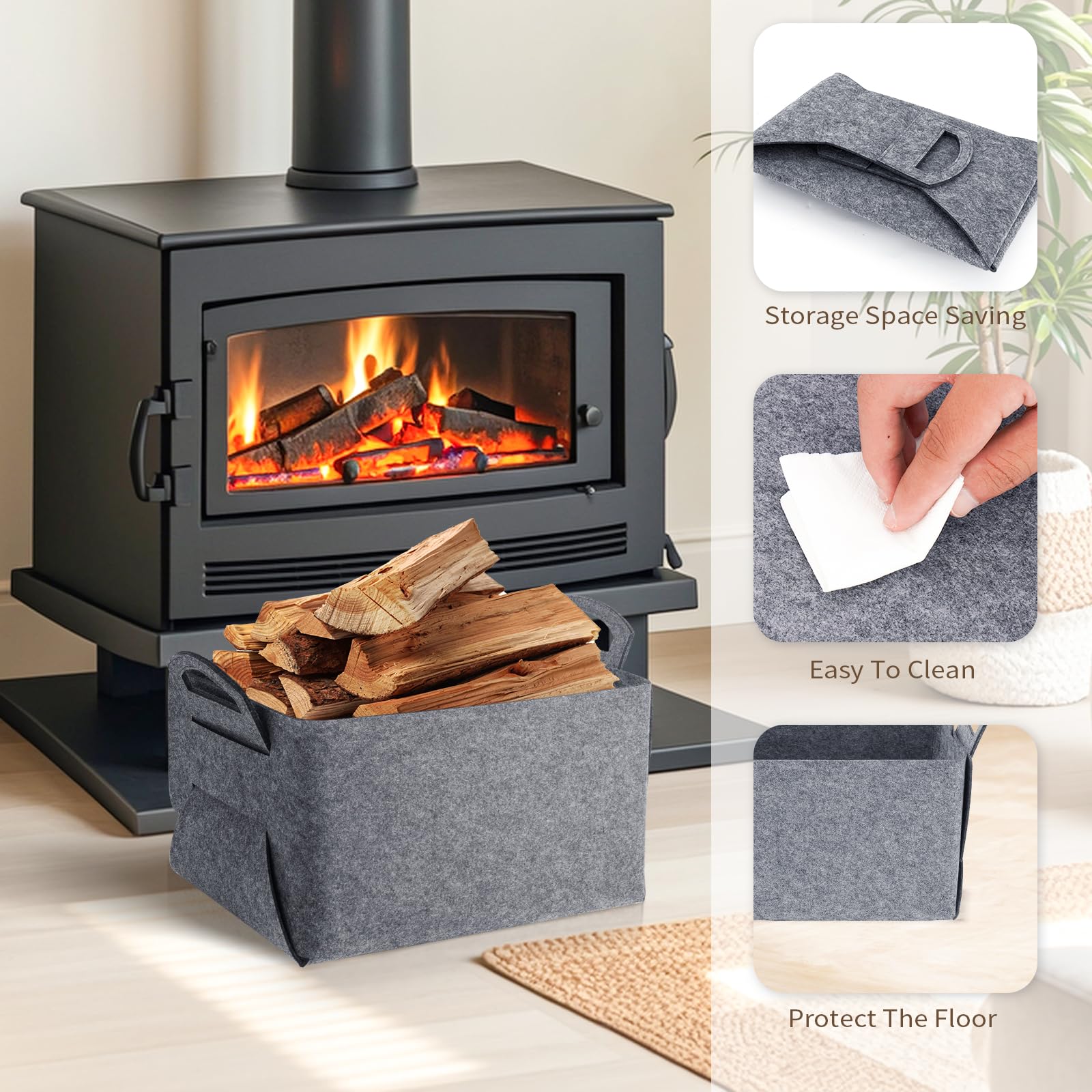 Set di 2 cestini portaoggetti in feltro con manici in legno, nero, 33 x 22,5 x 11 cm, contenitori per giocattoli, organizzatori da ufficio