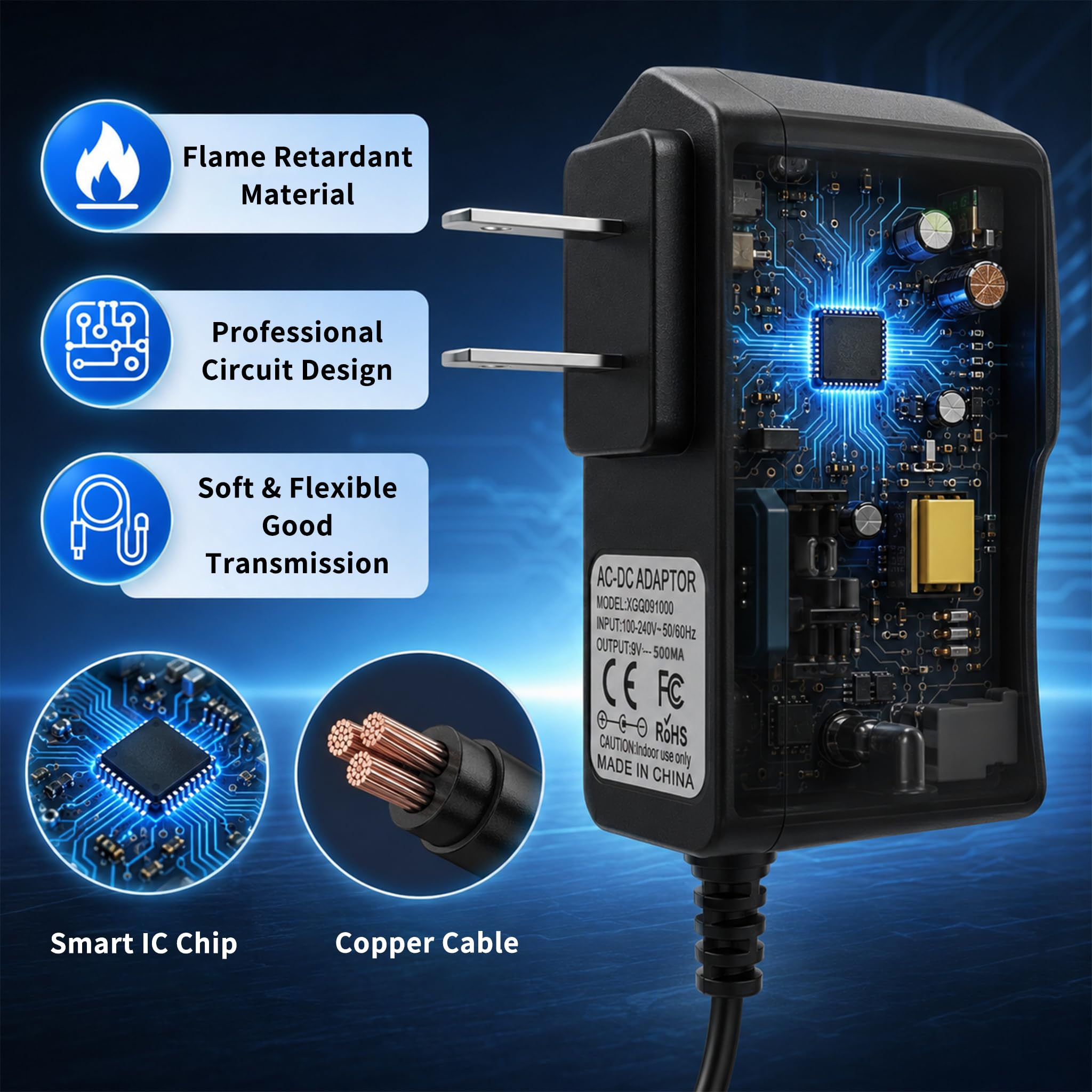 Rockhouse 9 V DC 500 mA Netzteil Center negativ für Gitarrenpedale 9 Volt AC DC Netzkabeladapter für Behringer Boss Zoom 1 Spot