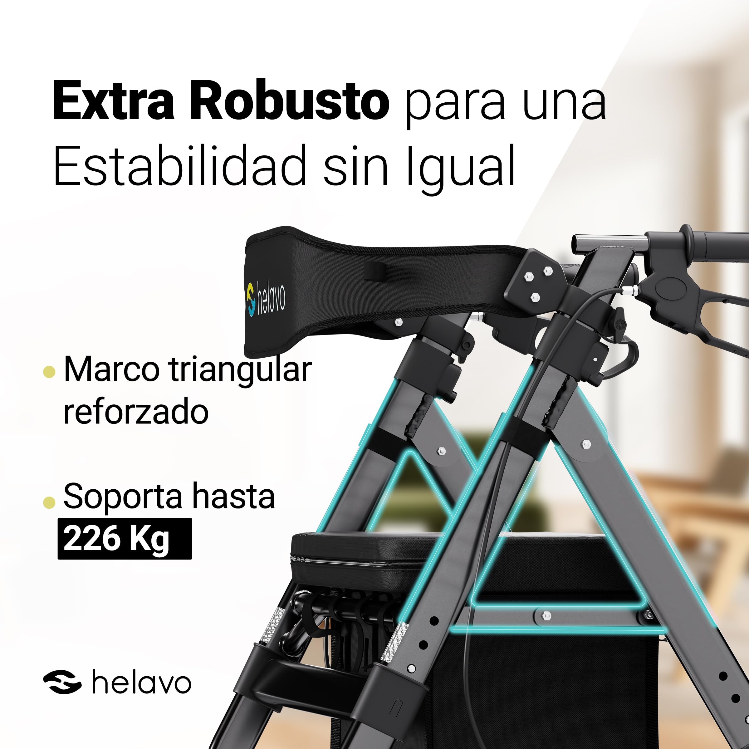 HELAVO andador para ancianos extra ancho con asiento grande y regulable en altura - Rollator plegable de gran resistencia fabricado en aluminio - Capacidad de carga de hasta 226 kg