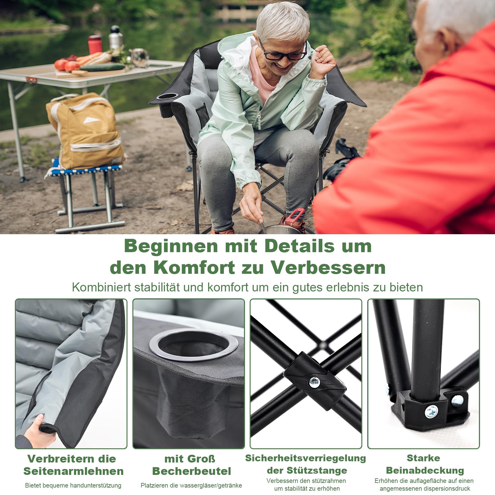 200KG Capacità di carico Sedia da campeggio Pieghevole Casual, Sedia Moon Leggera Pieghevole con Tasca Laterale, Esterno Sedia Portatile per Campeggio/Giardino/Festival/Pesca/Spiaggia