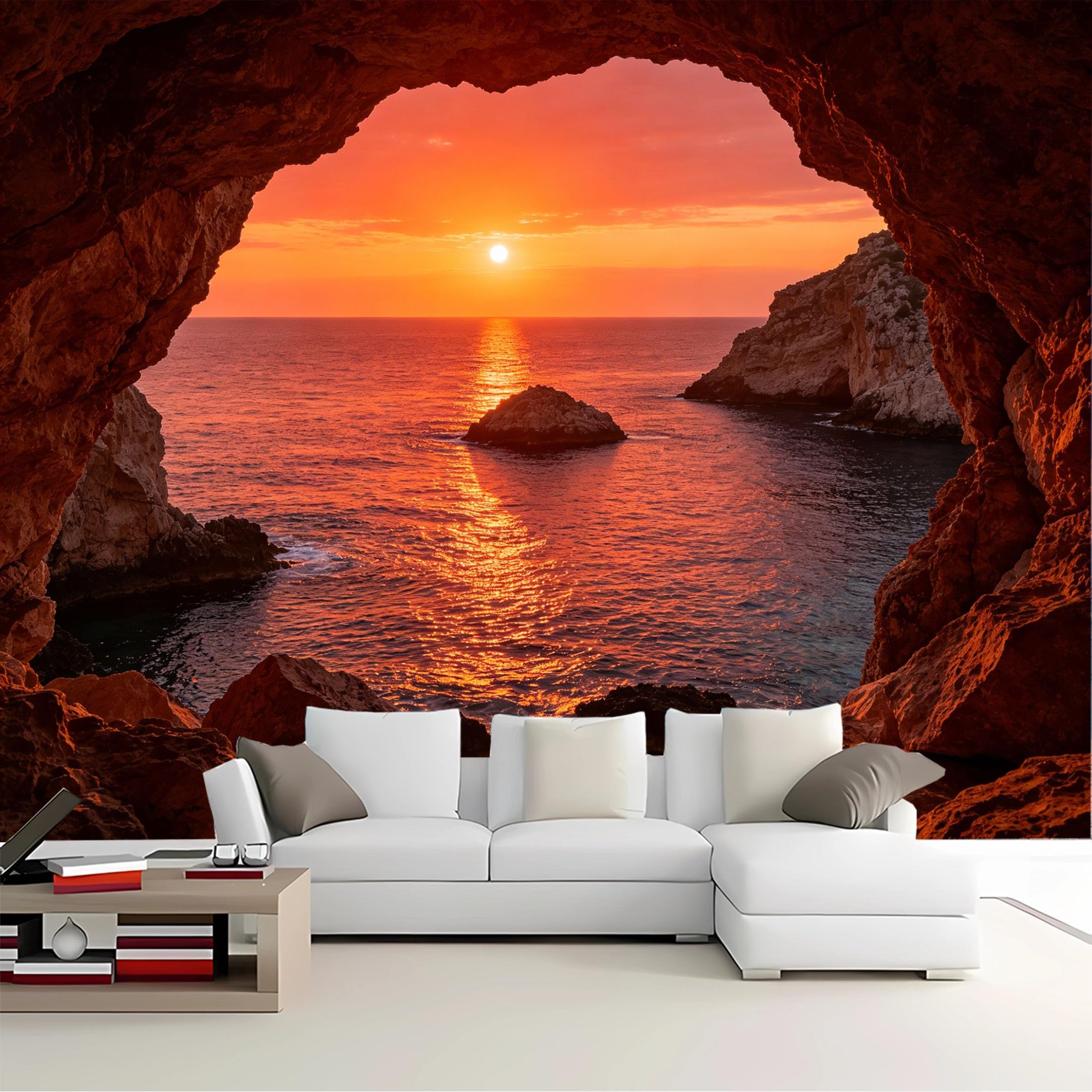 Custom Size Wall Mural Cave View Ocean Sunset Removable Self Adhesive Peel and Stick Wallpaper for Bedroom Living Room Dining Room