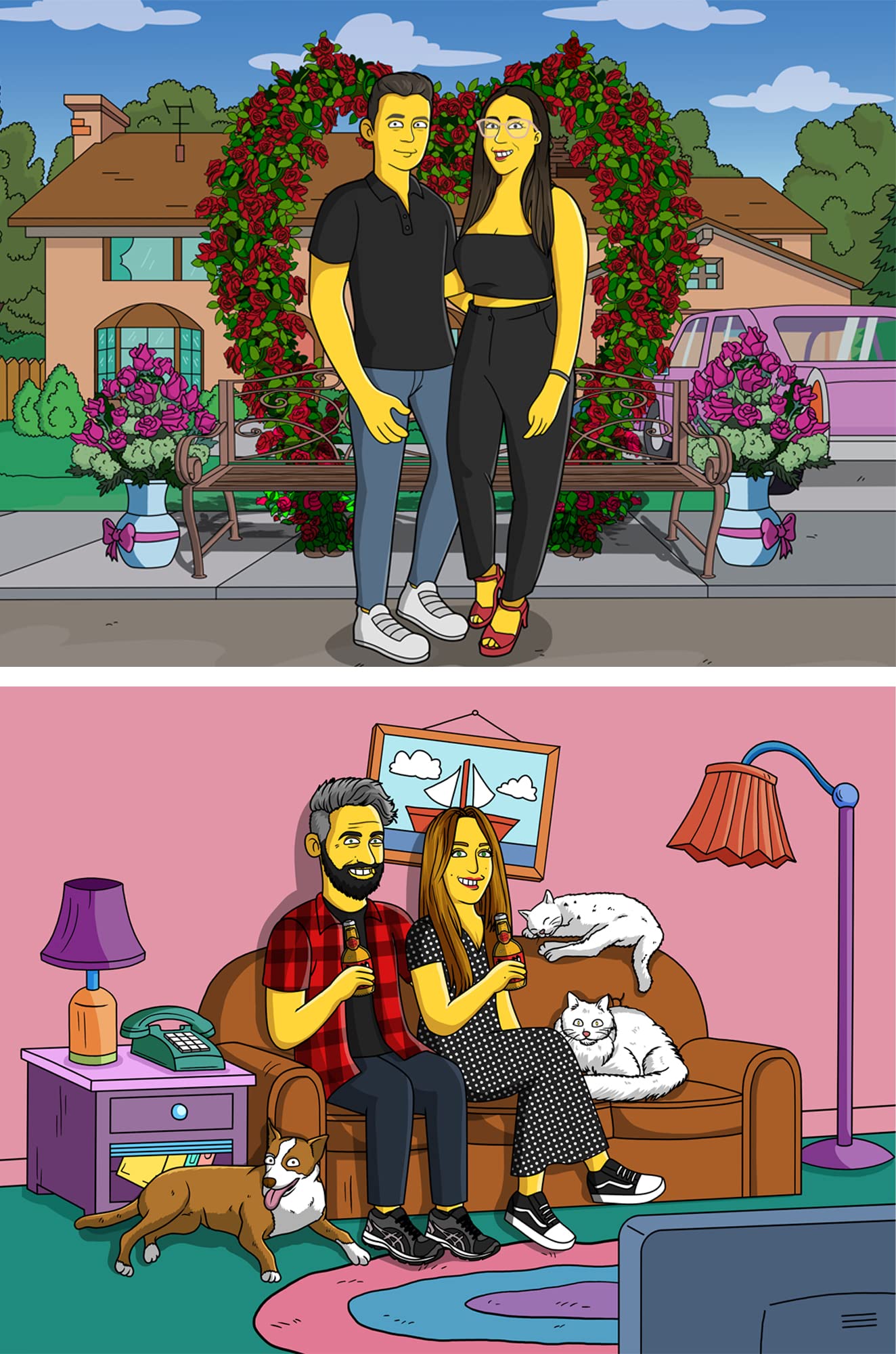 Naisian Ritratto Personalizzato Stile Simpsons. Disegno Corpo Intero. Carta o Digitale. Decorazione per Soggiorno, Camera da Letto o Ufficio