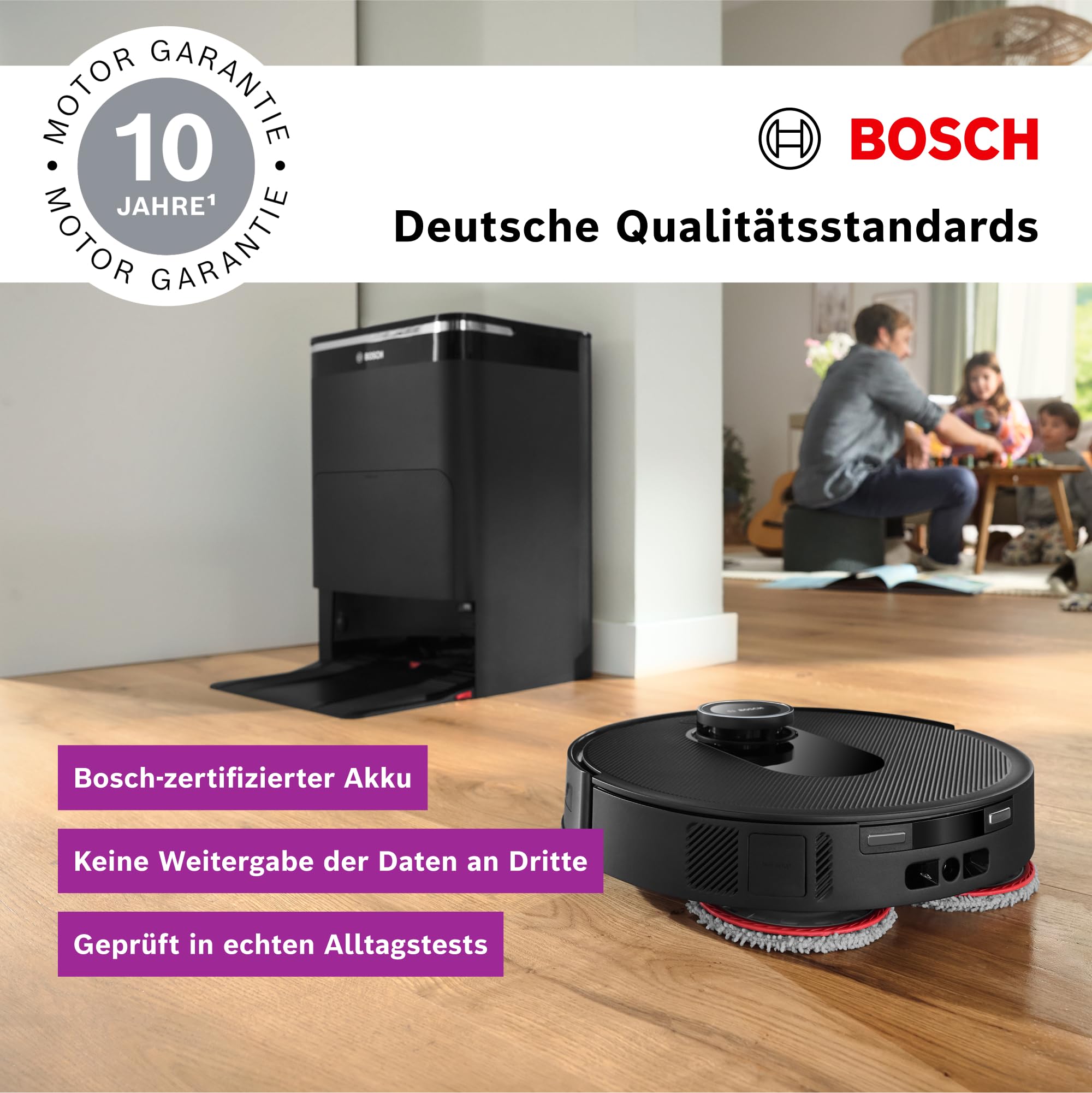 Bosch Spotless Max BCRDW3B Saugroboter mit Wischfunktion, 11.000 Pa Saugkraft, rotierende Wischpads, Nass-Trocken-Servicestation, Selbstreinigung, Smart Vision Navigation, Steuerung per App, schwarz
