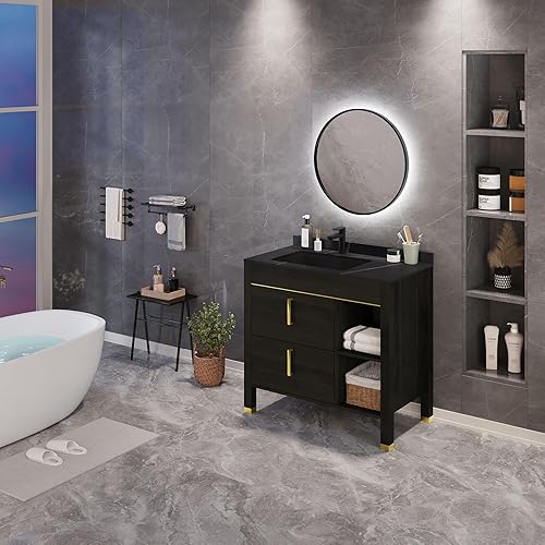 Miniatura 8 de DWVO Tocador de baño con lavabo combinado, armario de baño de 36 pulgadas, tocador de almacenamiento independiente con encimera de piedra