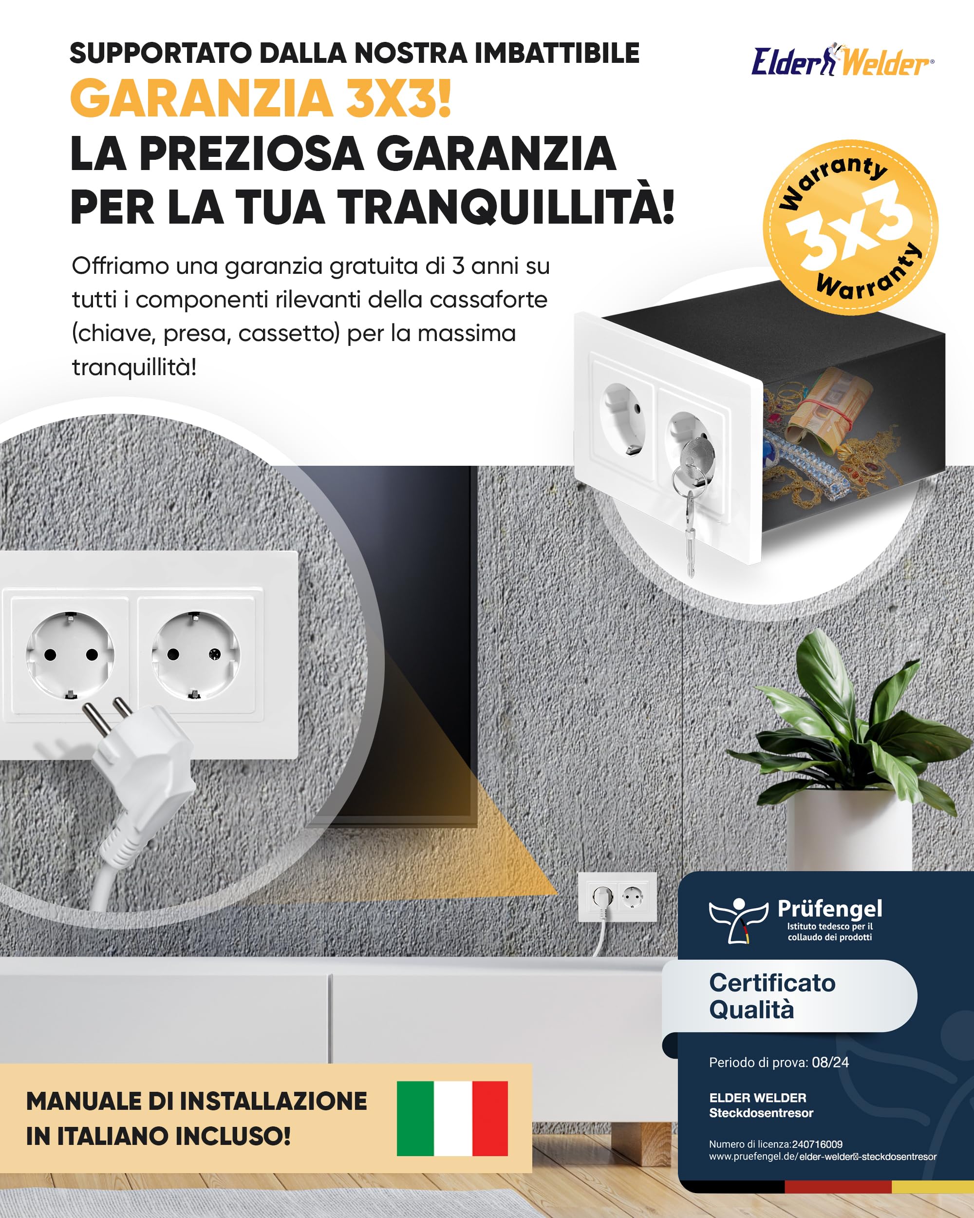 Elder Welder® Cassaforte Invisibile a Presa Elettrica | Ora con Funzione di Spina Falsa | Mini Cassaforte a Muro con Chiave | Nascondiglio per Soldi | Cassetta Sicurezza Nascosta | Cassaforte Armadio