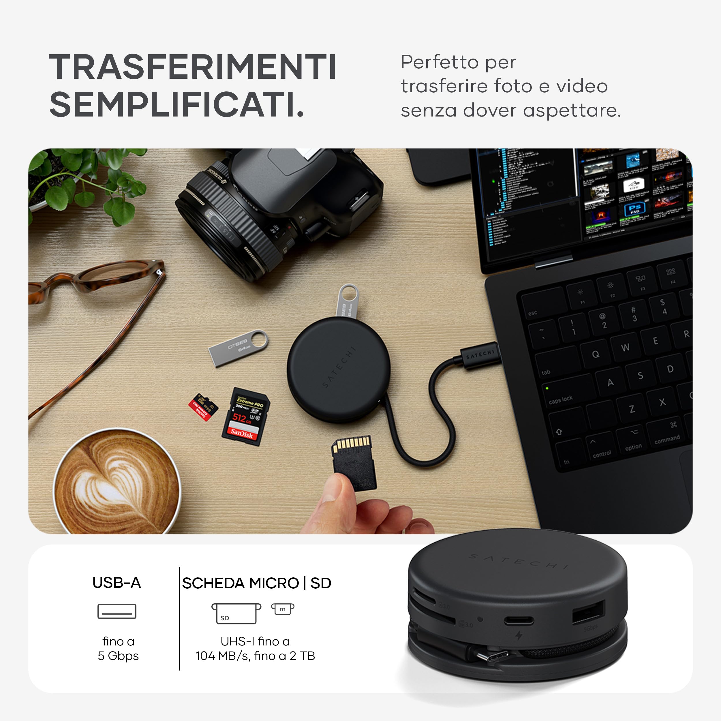 SATECHI OntheGo™ Hub USB-C Magnetico 7 in 1 con Cavo Avvolgibile, PD 100W, HDMI 4K@60Hz, Ethernet, 2×USB-A 5 Gbps, SD/microSD per MacBook Neo/Air/Pro, Laptop e iPad – Nero | PD 100 W, Gigabit Ethernet, due porte tipo A 5 Gbps, lettore SD/microSD, cavo a s