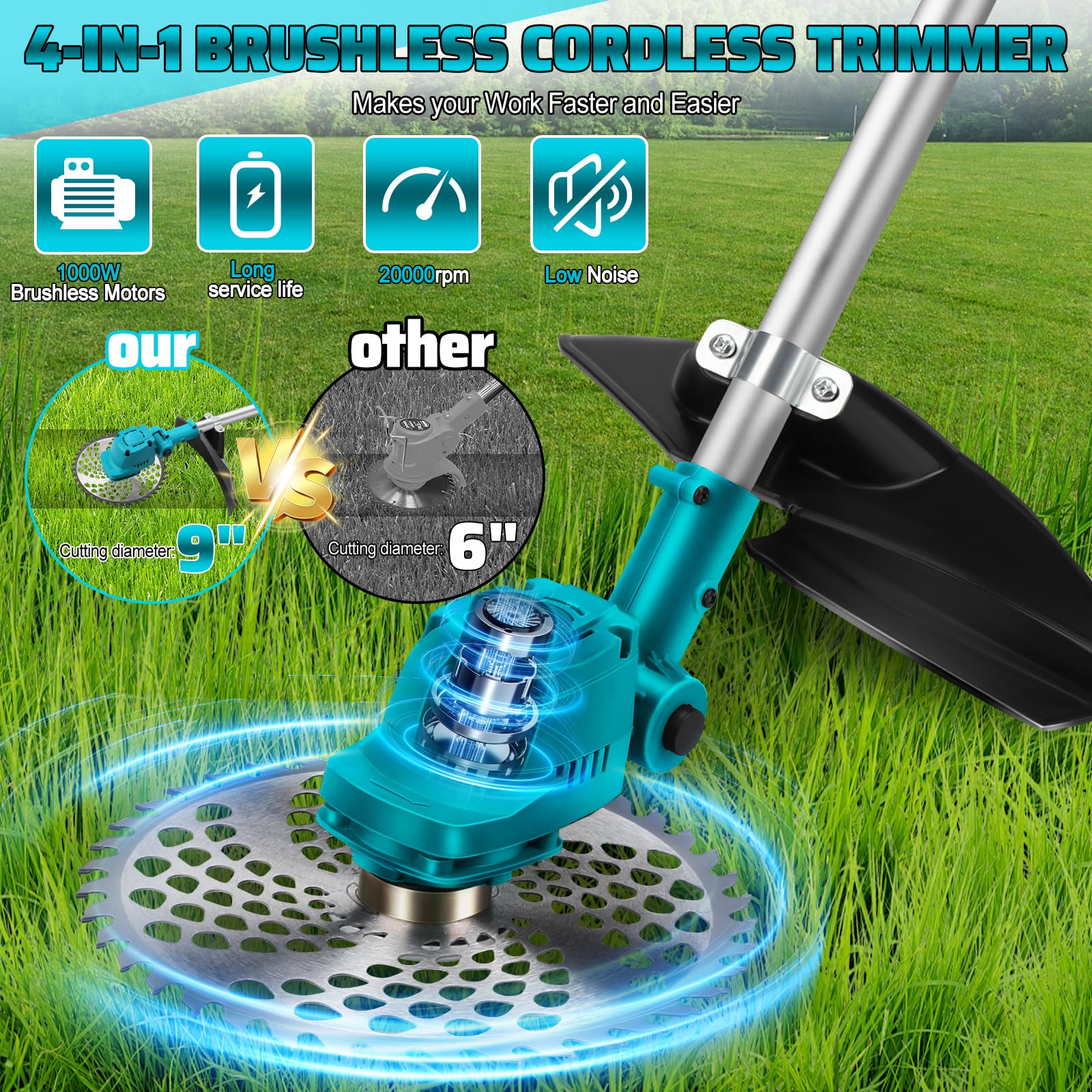 Desbrozadora compatible con Makita 18 V, con cepillo desmalezador y cuchilla