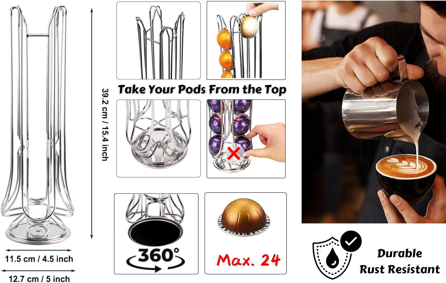 Exzact Coffee Capsule Holder, Compatible with Vertuo, Not Sold or Created by Vertuo, Max Capacity 24pcs Pod, Rotating Coffee Pod Stand Rack (New Packaging)