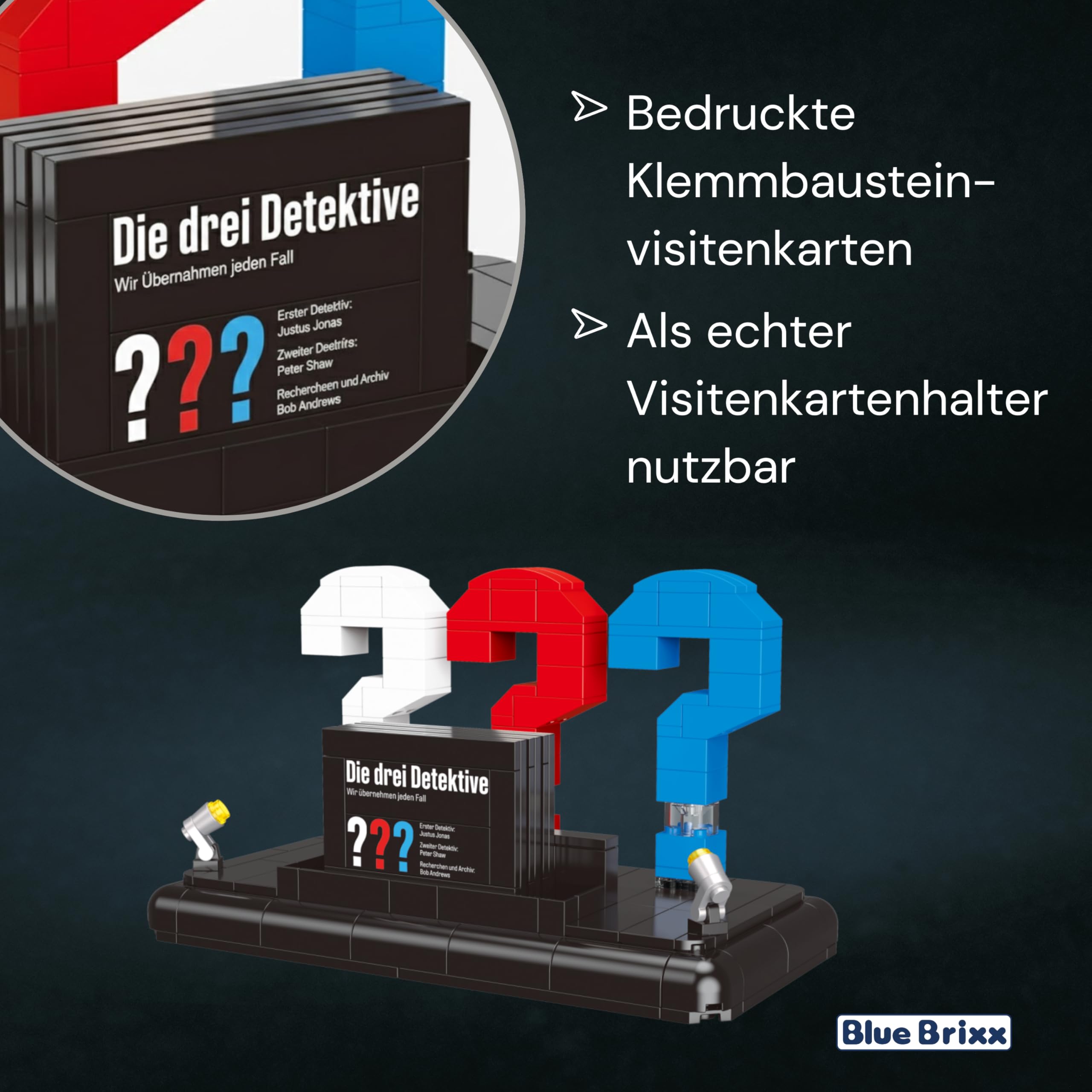 BlueBrixx Pro 108480 – Die DREI ???: 3D-Logo mit Visitenkarte aus Klemmbausteinen mit 200 Bauelementen