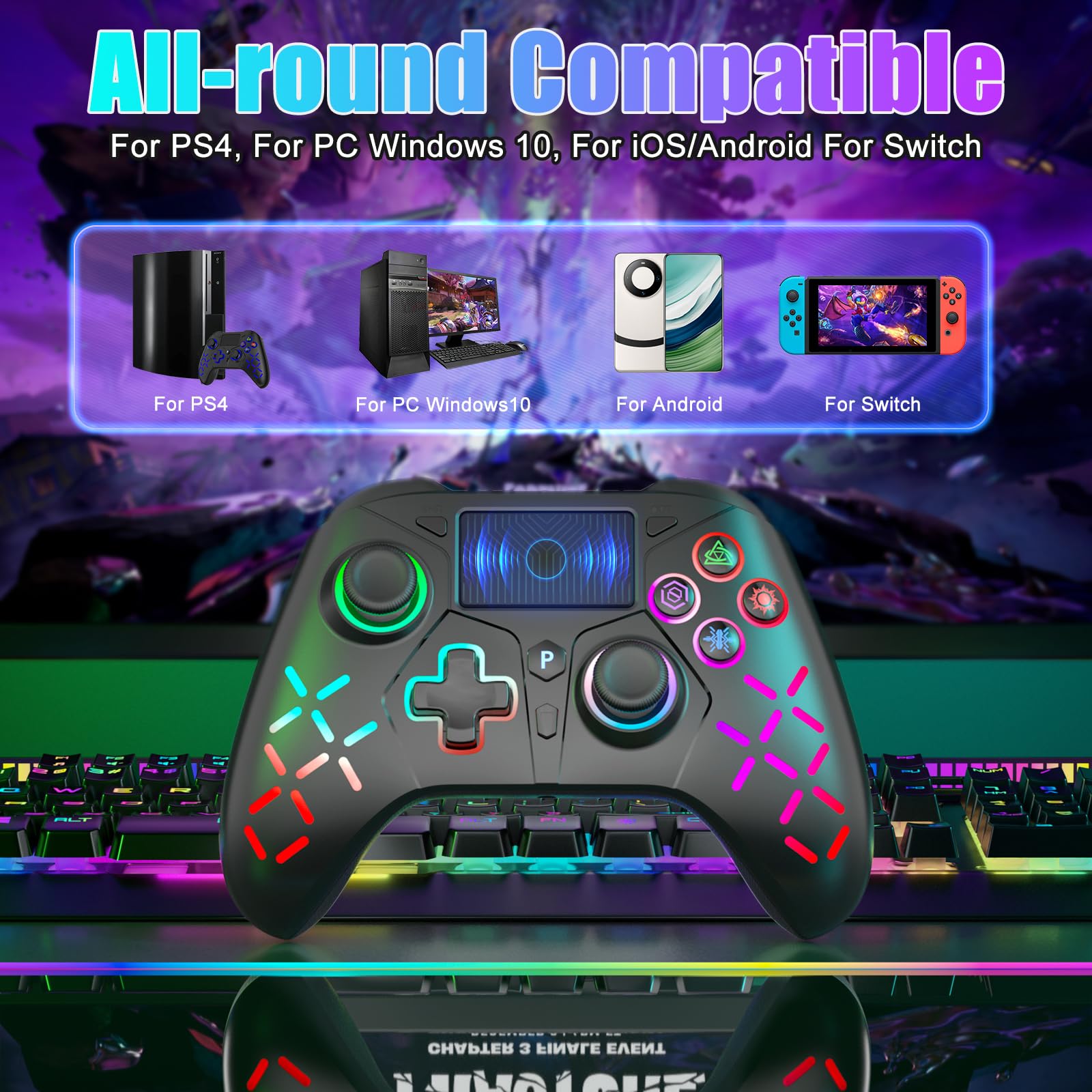 Bonacell RGB Wireless Controller für PS5/PC/P4 mit Motor-Vibration, 6-Achsen-Sensor, Turbo, 3,5-mm-Audiobuchse, Touchpad