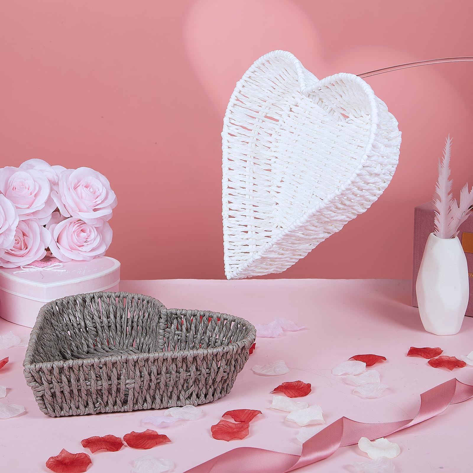 Cesto bianco a forma di cuore in rattan - Cestino portaoggetti intrecciato a mano per pane, frutta, verdura e decorazioni - Accessori per la casa