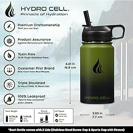 HYDRO CELL Stainless Steel Insulated Water Bottle with Straw - For Cold & Hot Drinks - Metal Vacuum Flask with Screw Cap and Modern Leakproof Sport Thermos for Adults (Army/Black 14oz)
