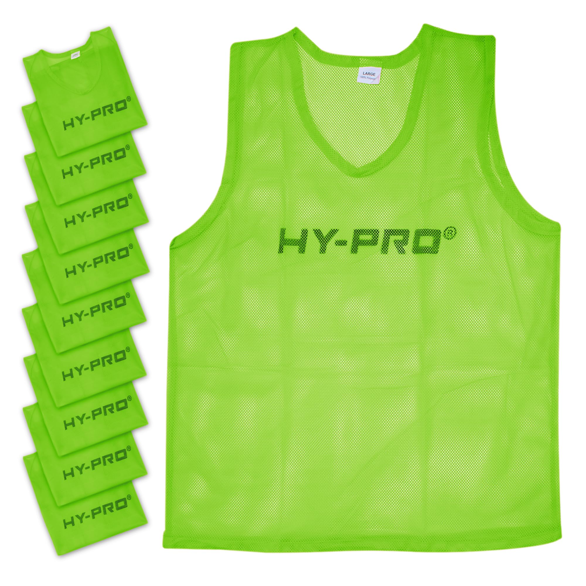 Hy-Pro Training Bibs Football 10 Pack - Green Mesh Netball Bibs Adult, Lightweight Sports Vests for Football Training Equipment Gifts, Rugby, Basketball & Team Practice - Size L