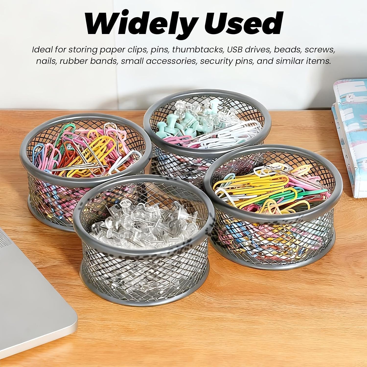 4 Packs Mesh Paperclip Holders for Desk Organizer, Metal Binder Clip Holder Dispenser Containers Pen Pin Storage Basket Office Home Desktop Bowl Silver