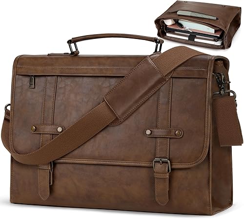 RAINSMORE Bolsa de mensajero para hombre de 17 pulgadas, impermeable, de piel vintage, maletín para laptop, bolsa de hombro retro, marrón