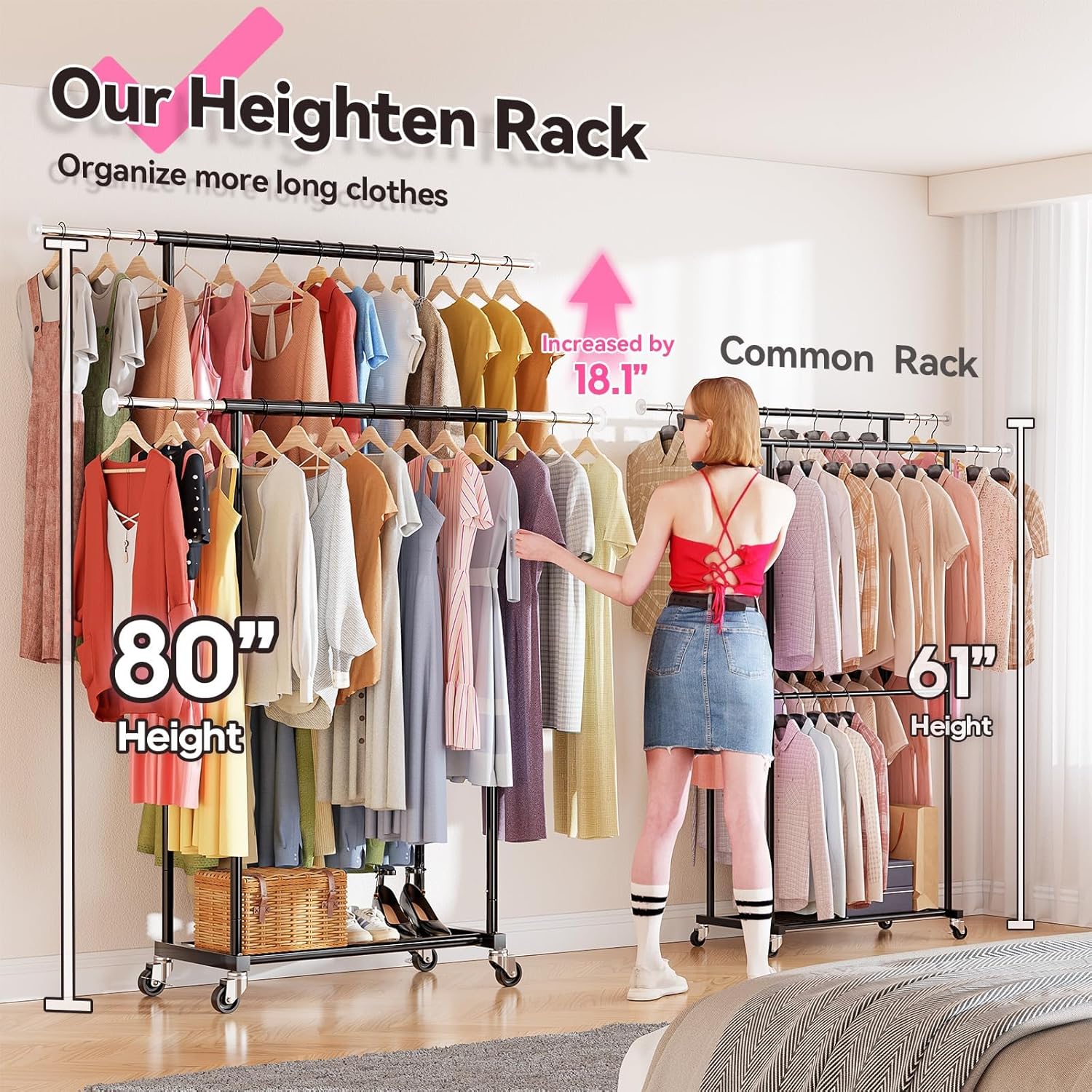 SUFAUY Commercial 80" H Clothes Rack for Hanging Dresses, Extend 50“L Double Rolling Garment Rack on Lockable wheels with Adjustable Rod and Storage Shelves, Load 350 LBS, Black