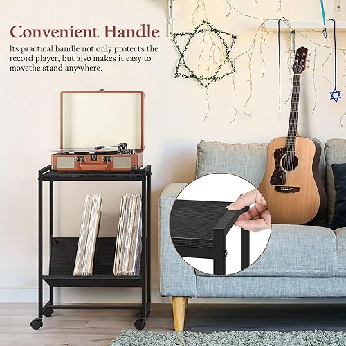 Miniatura 4 de Mesa de tocadiscos, soporte para tocadiscos de 2 niveles con 3 divisores de liberación rápida, soporte para discos de vinilo con 4 ruedas, soporte