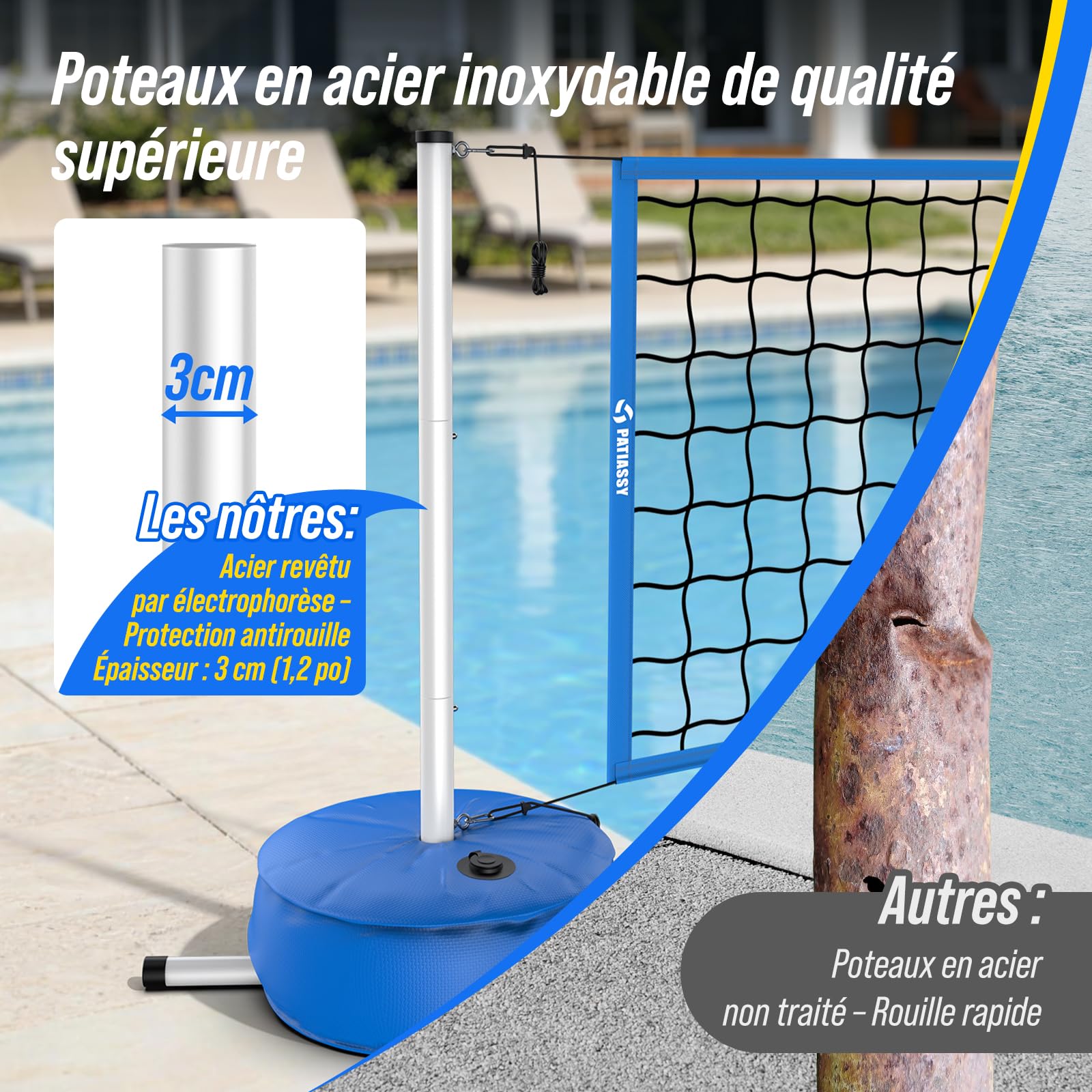 Filet Volley Piscine Portable, Longueur réglable 4,5 à 7,6 m, L'installation est Simple et Rapide, pour Jeux d’Eau, Jardin, Plage et Activités Extérieures