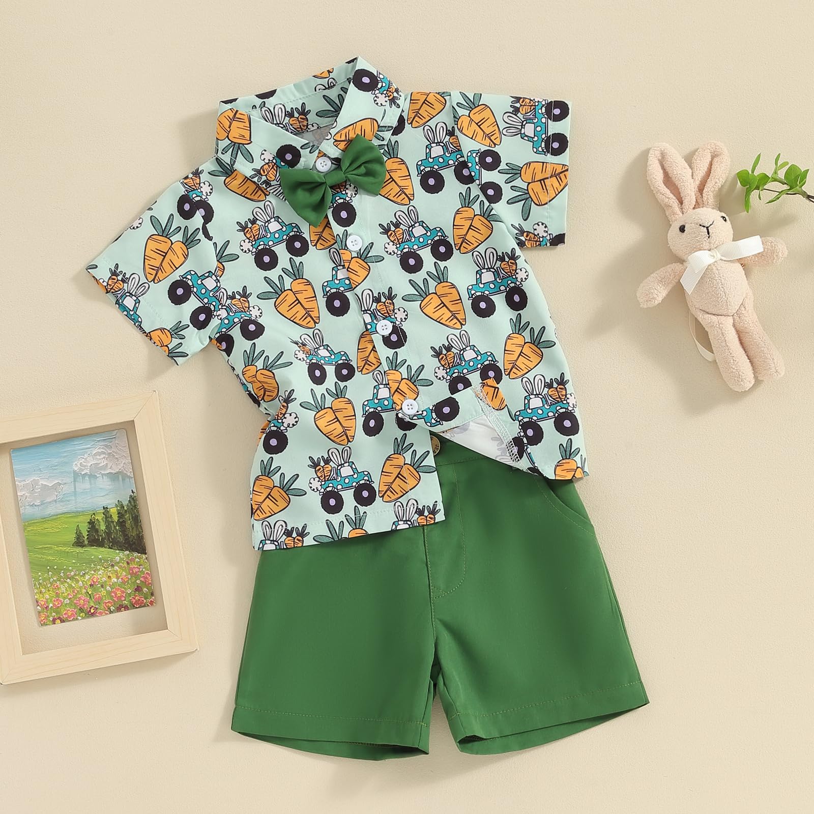 Toddler Baby Boy Easter Outfits Bunny Carrot Short Sleeve Button Down Shirt Gentlemen Shorts Suit Set Summer Clothes (Green-A, 12-18 Months)